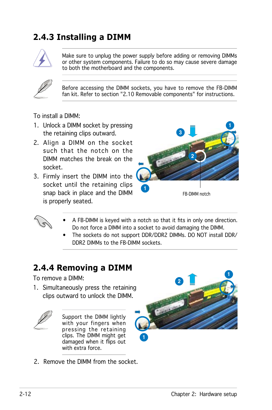 3 installing a dimm, 4 removing a dimm | Asus Pedestal/5U Rackmount Server TS500-E4 Server User Manual | Page 34 / 202