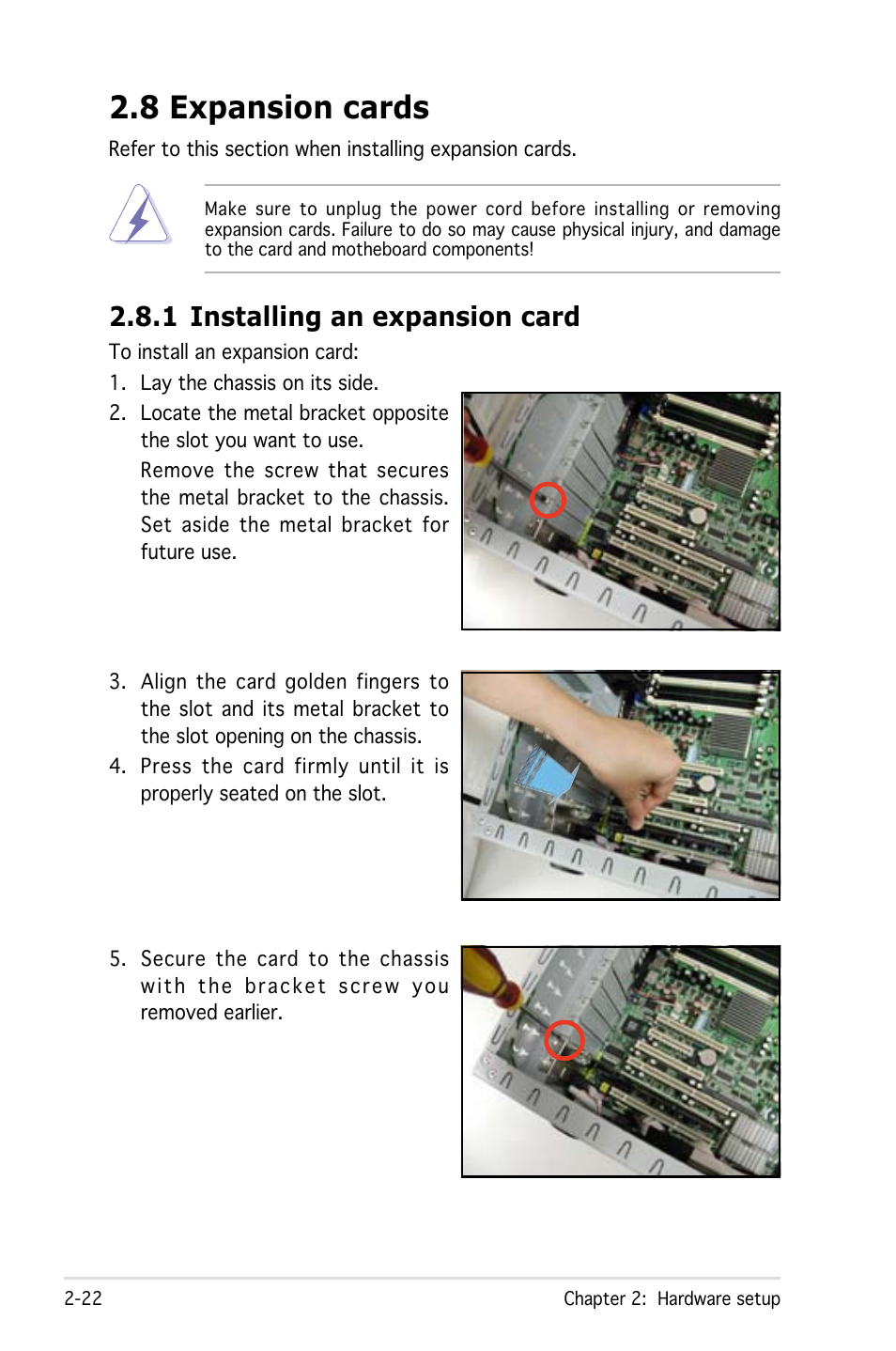 8 expansion cards, 1 installing an expansion card | Asus Pedestal/5U Rackmount Server TS500-E4 Server User Manual | Page 44 / 202