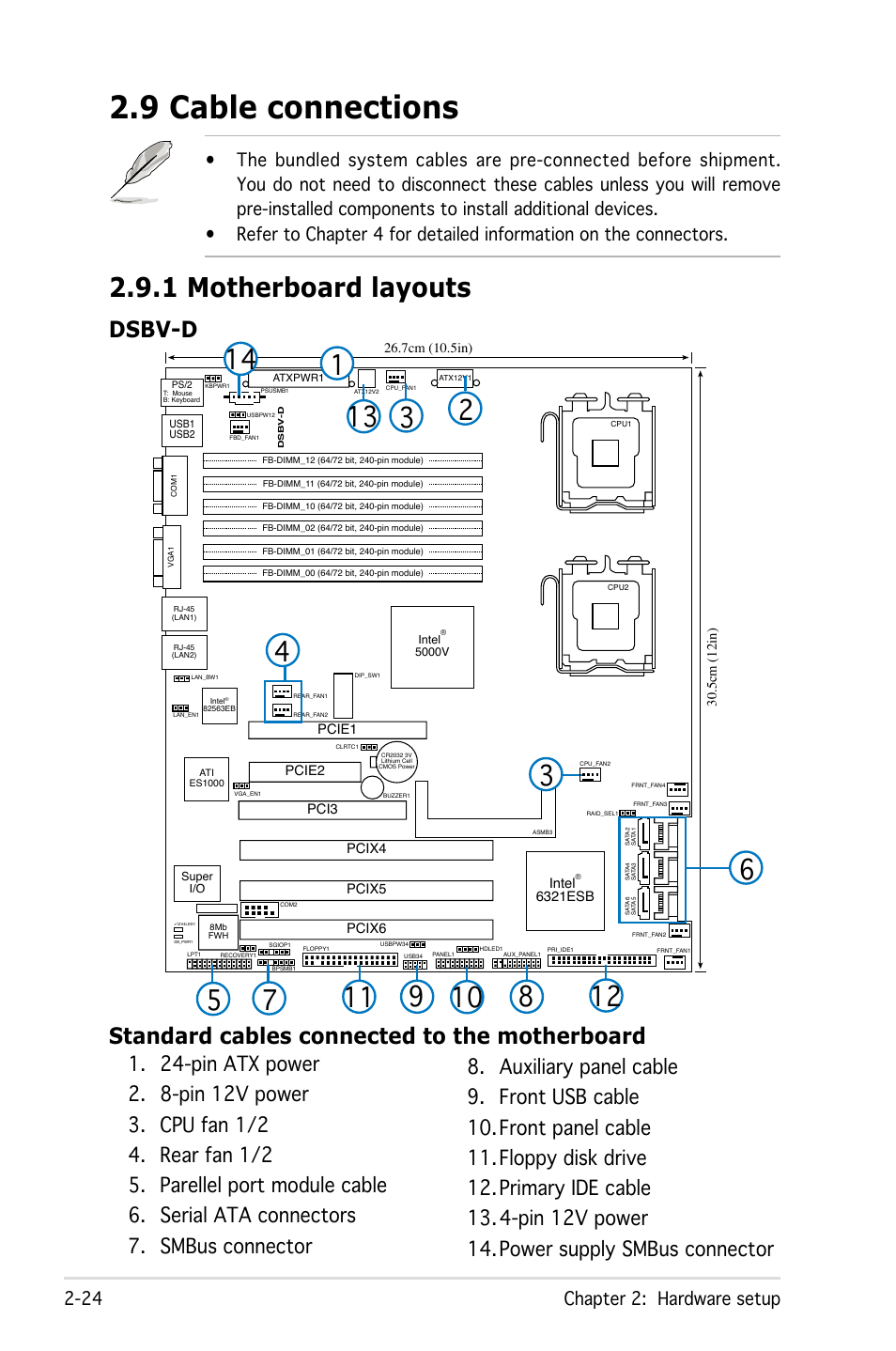 9 cable connections, Standard cables connected to the motherboard, Dsbv-d | Chapter 2: hardware setup 2-24 | Asus Pedestal/5U Rackmount Server TS500-E4 Server User Manual | Page 46 / 202