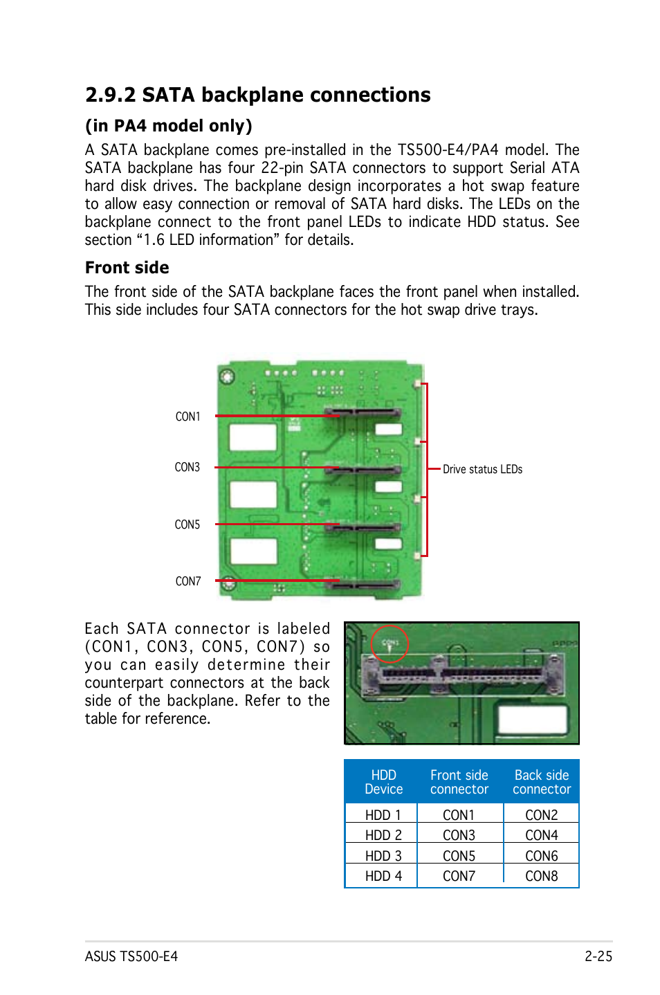 2 sata backplane connections, Front side | Asus Pedestal/5U Rackmount Server TS500-E4 Server User Manual | Page 47 / 202