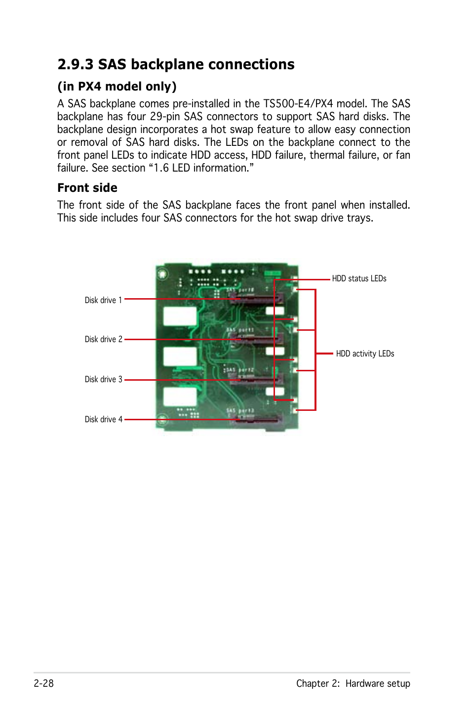 3 sas backplane connections, Front side | Asus Pedestal/5U Rackmount Server TS500-E4 Server User Manual | Page 50 / 202