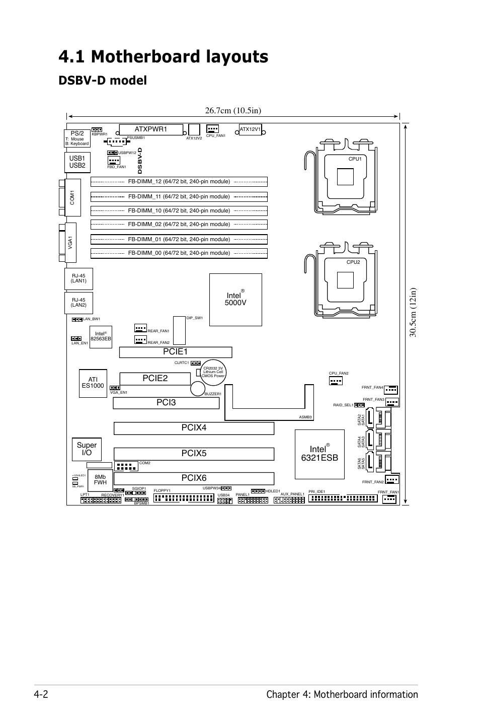 1 motherboard layouts, Dsbv-d model, 2 chapter 4: motherboard information | Intel, 6321esb, Pcie1, Super i/o, 5000v | Asus Pedestal/5U Rackmount Server TS500-E4 Server User Manual | Page 78 / 202