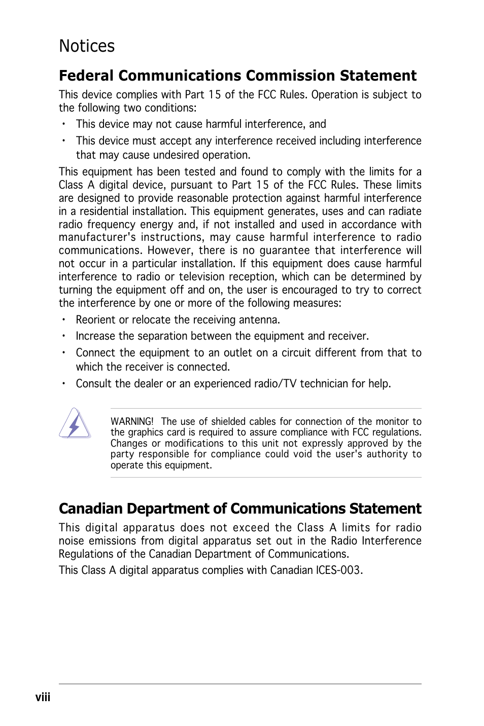 Notices, Federal communications commission statement, Canadian department of communications statement | Asus Pedestal/5U Rackmount Server TS500-E4 Server User Manual | Page 8 / 202