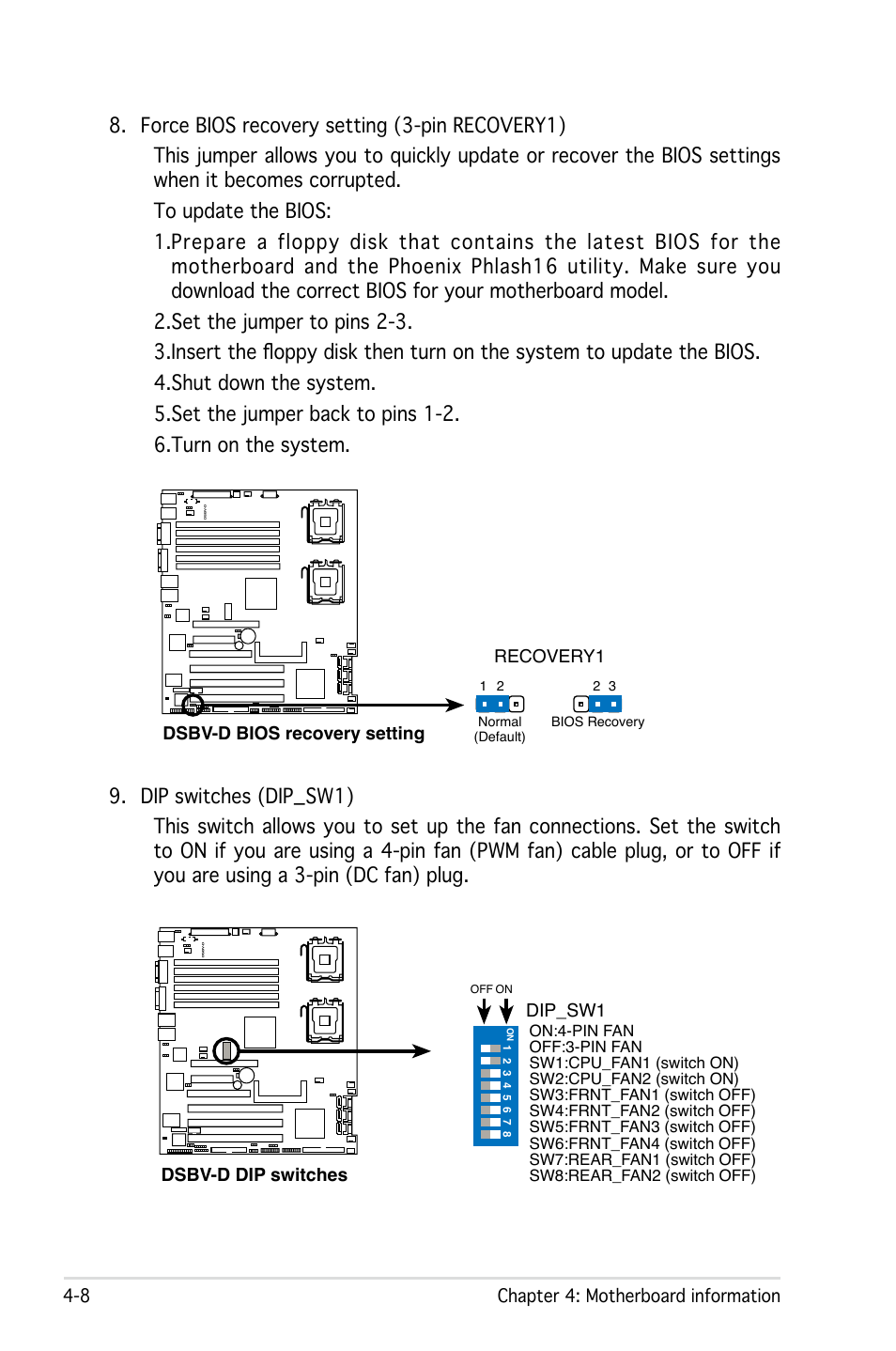 8 chapter 4: motherboard information, Dsbv-d bios recovery setting recovery1, Dsbv-d dip switches dip_sw1 | Asus Pedestal/5U Rackmount Server TS500-E4 Server User Manual | Page 84 / 202