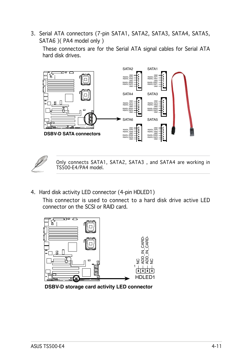 Dsbv-d storage card activity led connector hdled1, Dsbv-d sata connectors, Add_in_card- nc nc add_in_card | Asus Pedestal/5U Rackmount Server TS500-E4 Server User Manual | Page 87 / 202