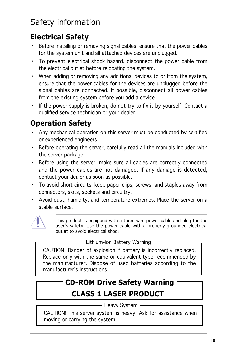 Safety information, Electrical safety, Operation safety | Cd-rom drive safety warning class 1 laser product | Asus Pedestal/5U Rackmount Server TS500-E4 Server User Manual | Page 9 / 202