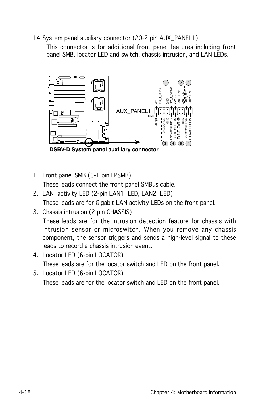 18 chapter 4: motherboard information, Dsbv-d system panel auxiliary connector aux_panel1 | Asus Pedestal/5U Rackmount Server TS500-E4 Server User Manual | Page 94 / 202