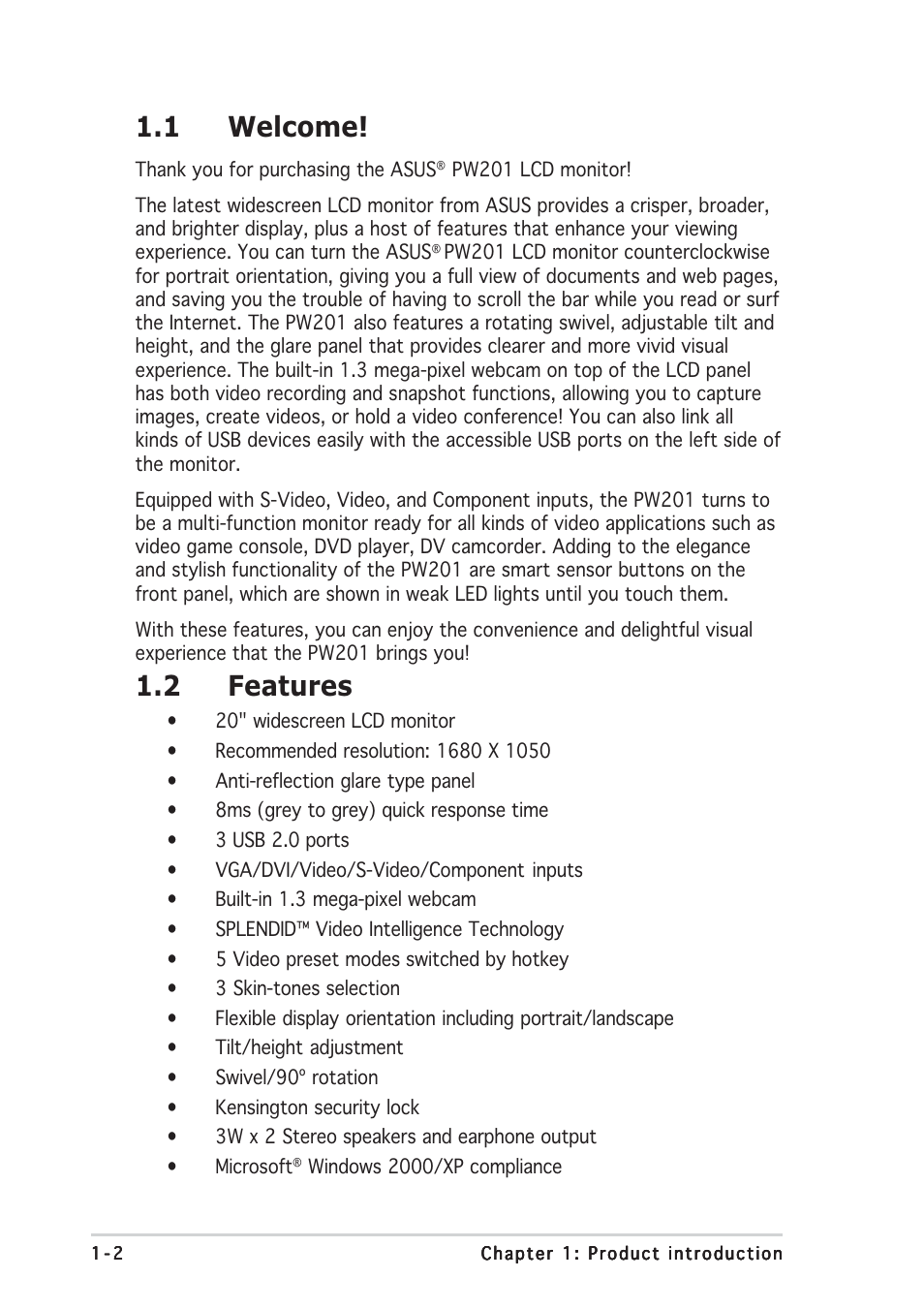 1 welcome, 2 features | Asus PW201 User Manual | Page 12 / 44