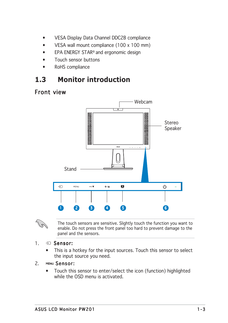 3 monitor introduction, Front view | Asus PW201 User Manual | Page 13 / 44