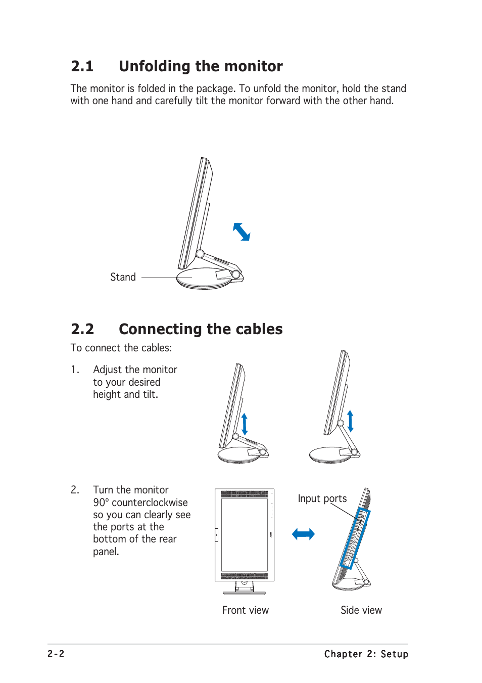 2 connecting the cables, 1 unfolding the monitor | Asus PW201 User Manual | Page 18 / 44