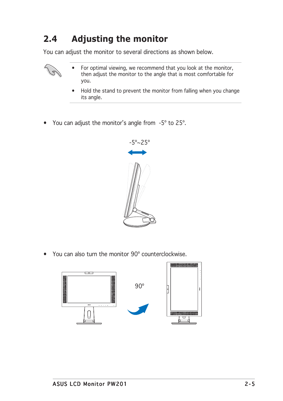 4 adjusting the monitor | Asus PW201 User Manual | Page 21 / 44