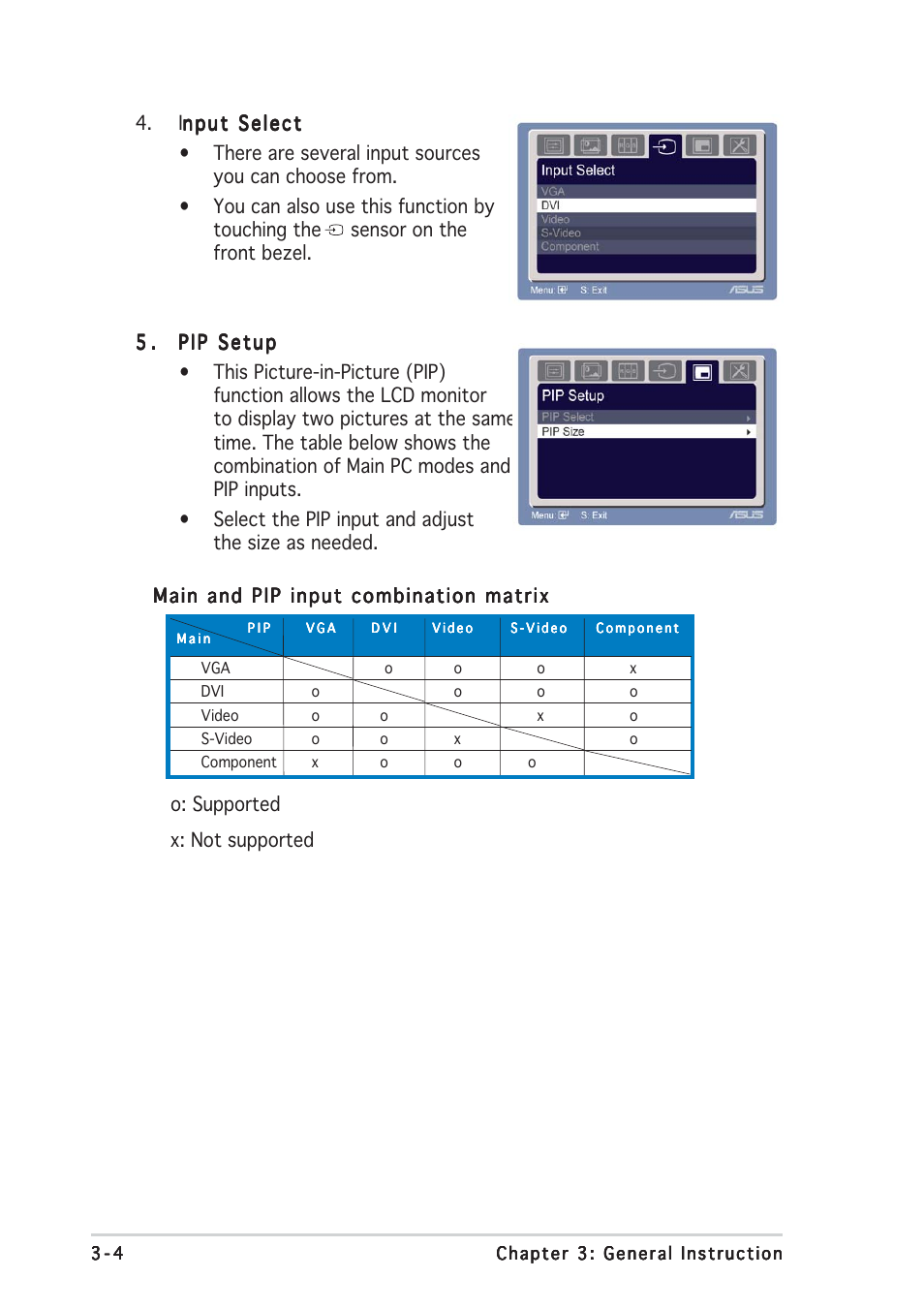 O: supported x: not supported | Asus PW201 User Manual | Page 28 / 44
