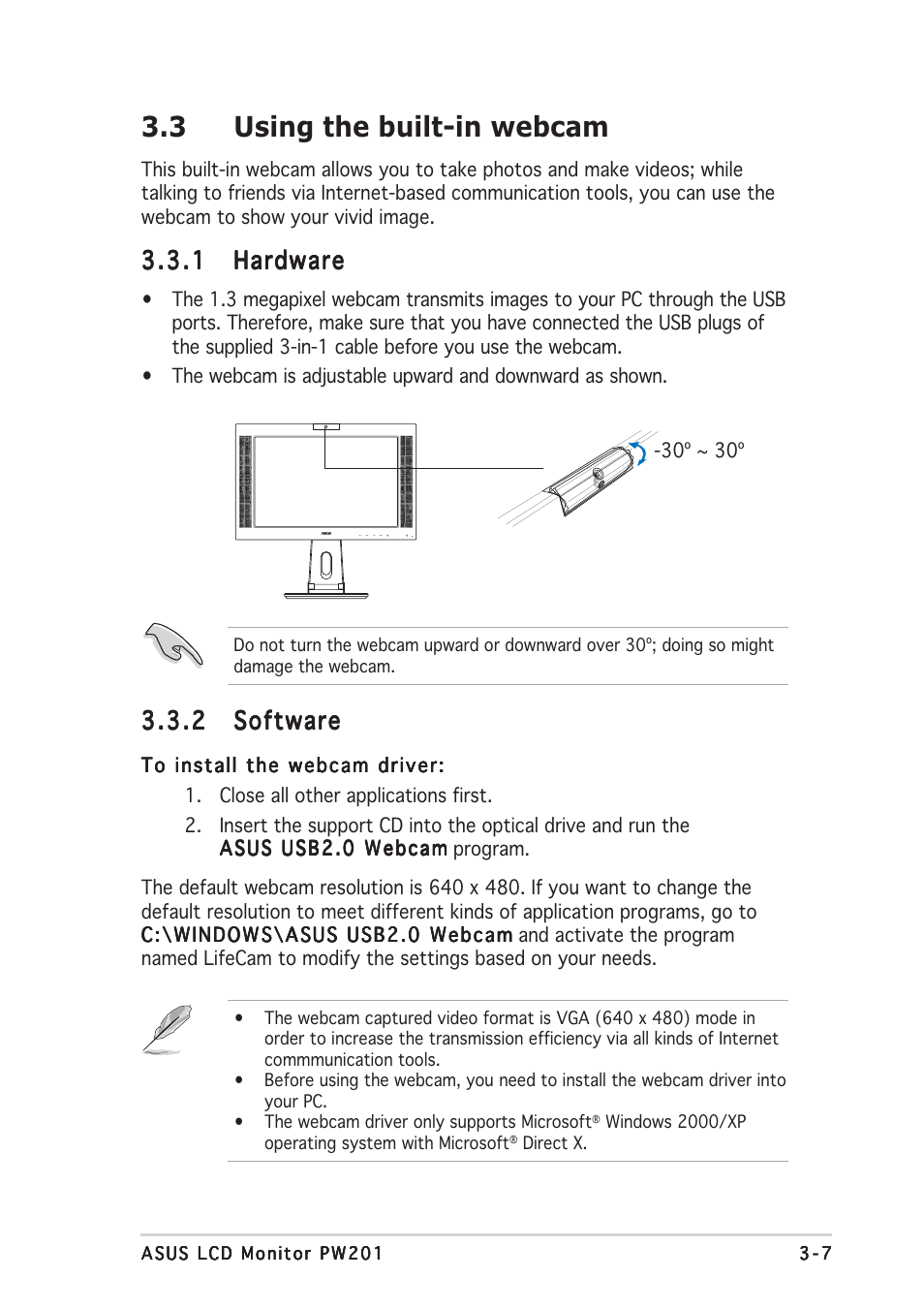 3 using the built-in webcam, 1 hardware hardware hardware hardware hardware, 2 software software software software software | Asus PW201 User Manual | Page 31 / 44