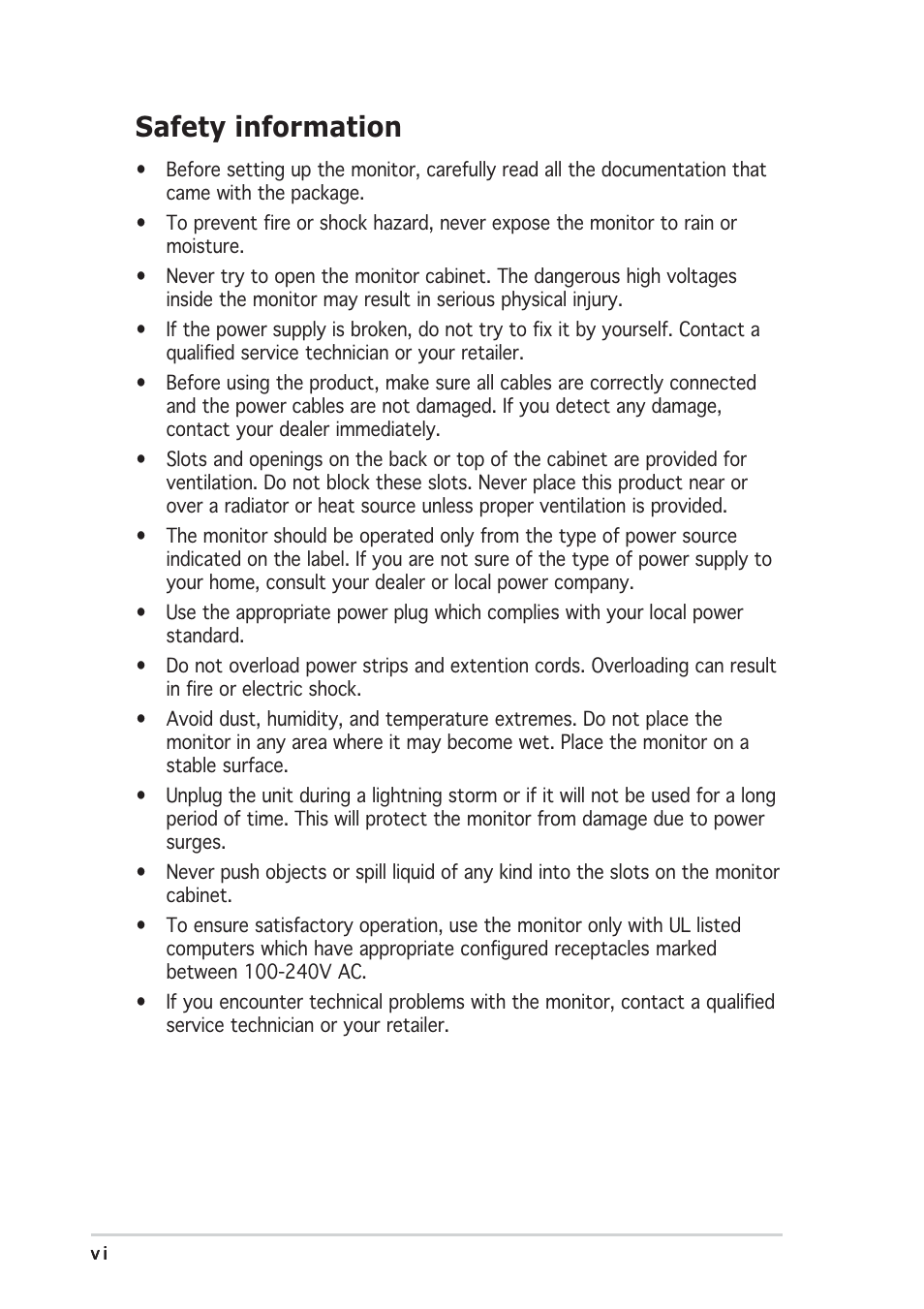 Safety information | Asus PW201 User Manual | Page 6 / 44