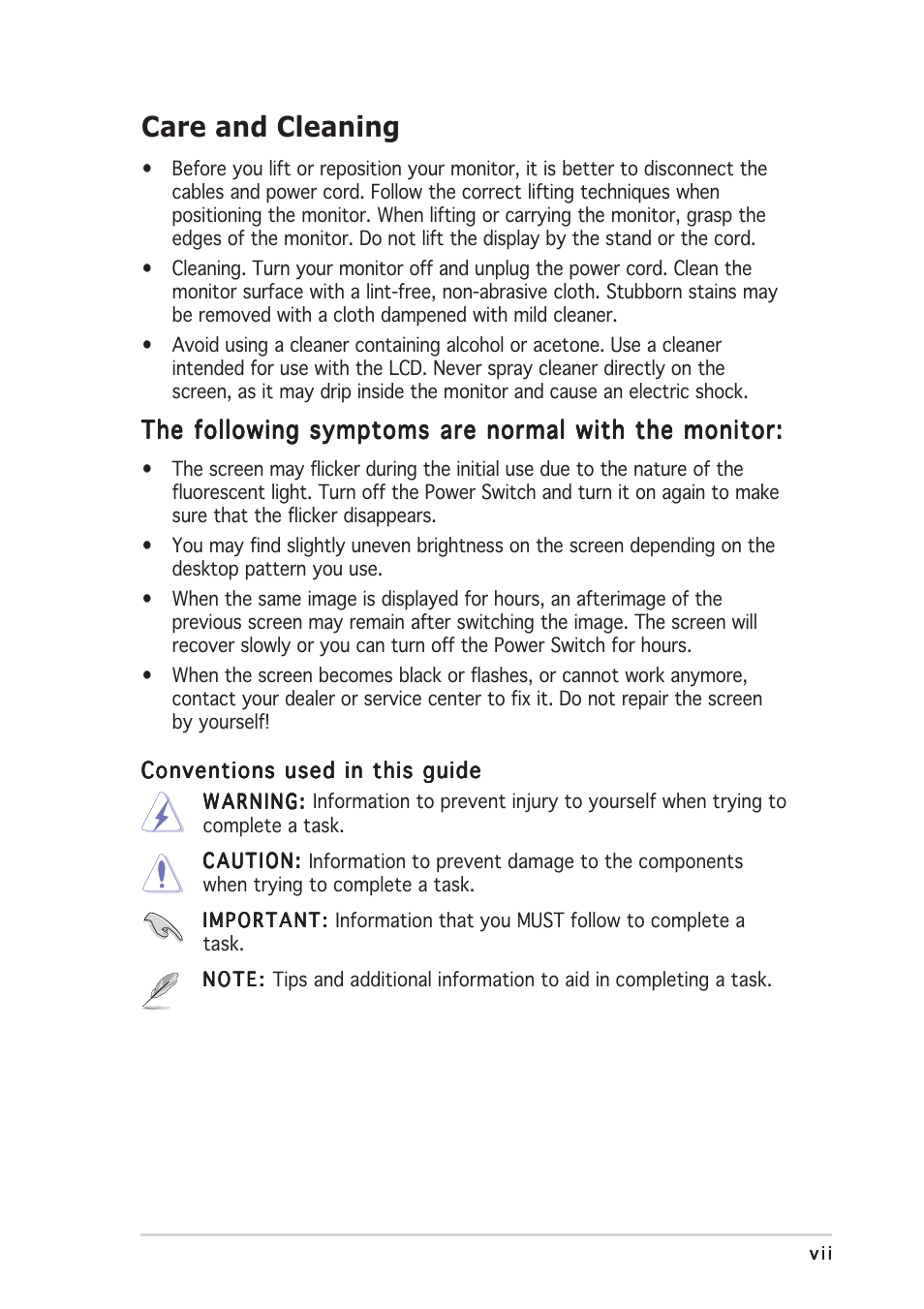 Care and cleaning, The following symptoms are normal with the monitor | Asus PW201 User Manual | Page 7 / 44