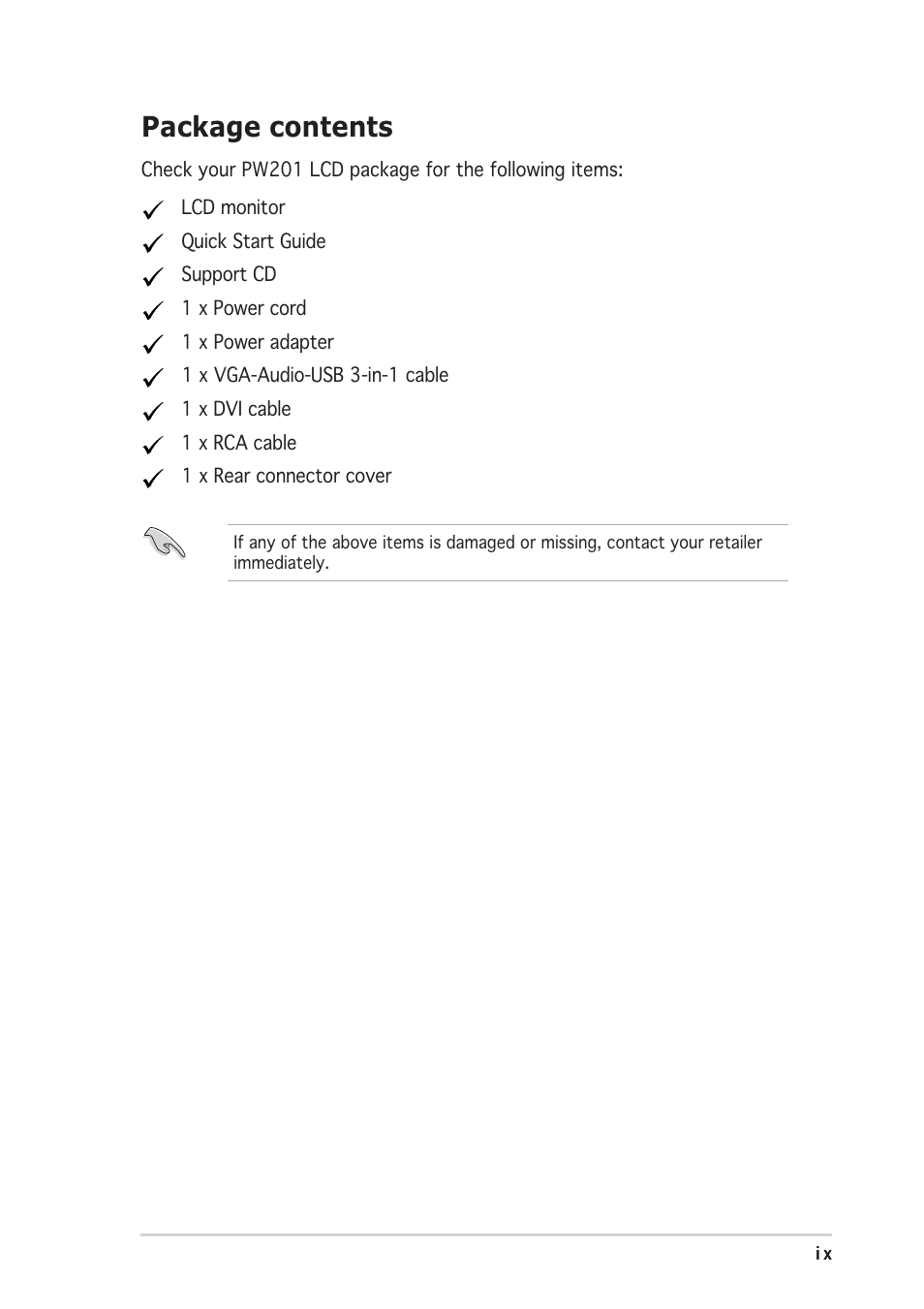 Package contents | Asus PW201 User Manual | Page 9 / 44