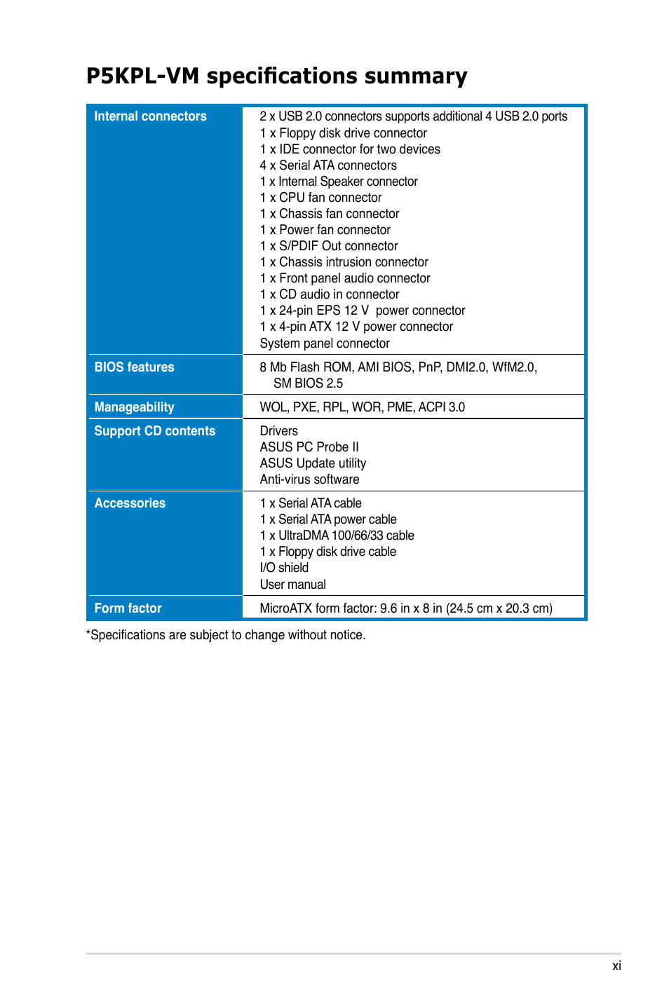 P5kpl-vm specifications summary | Asus P5KPL-VM User Manual | Page 11 / 94