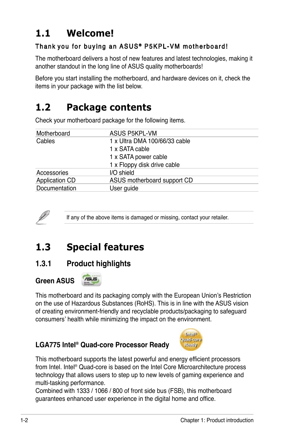 1 welcome, 2 package contents, 3 special features | 1 product highlights | Asus P5KPL-VM User Manual | Page 14 / 94