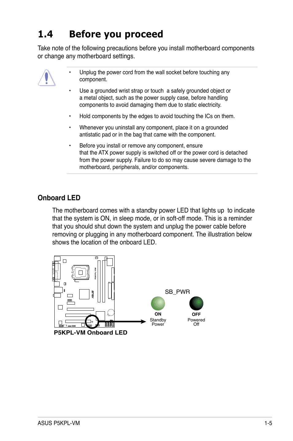 4 before you proceed, Onboard led | Asus P5KPL-VM User Manual | Page 17 / 94