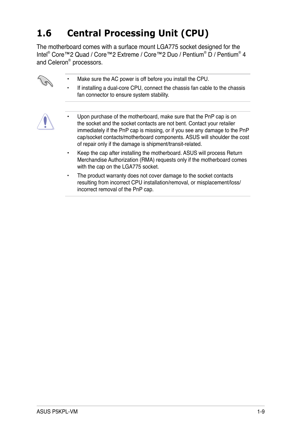 6 central processing unit (cpu) | Asus P5KPL-VM User Manual | Page 21 / 94