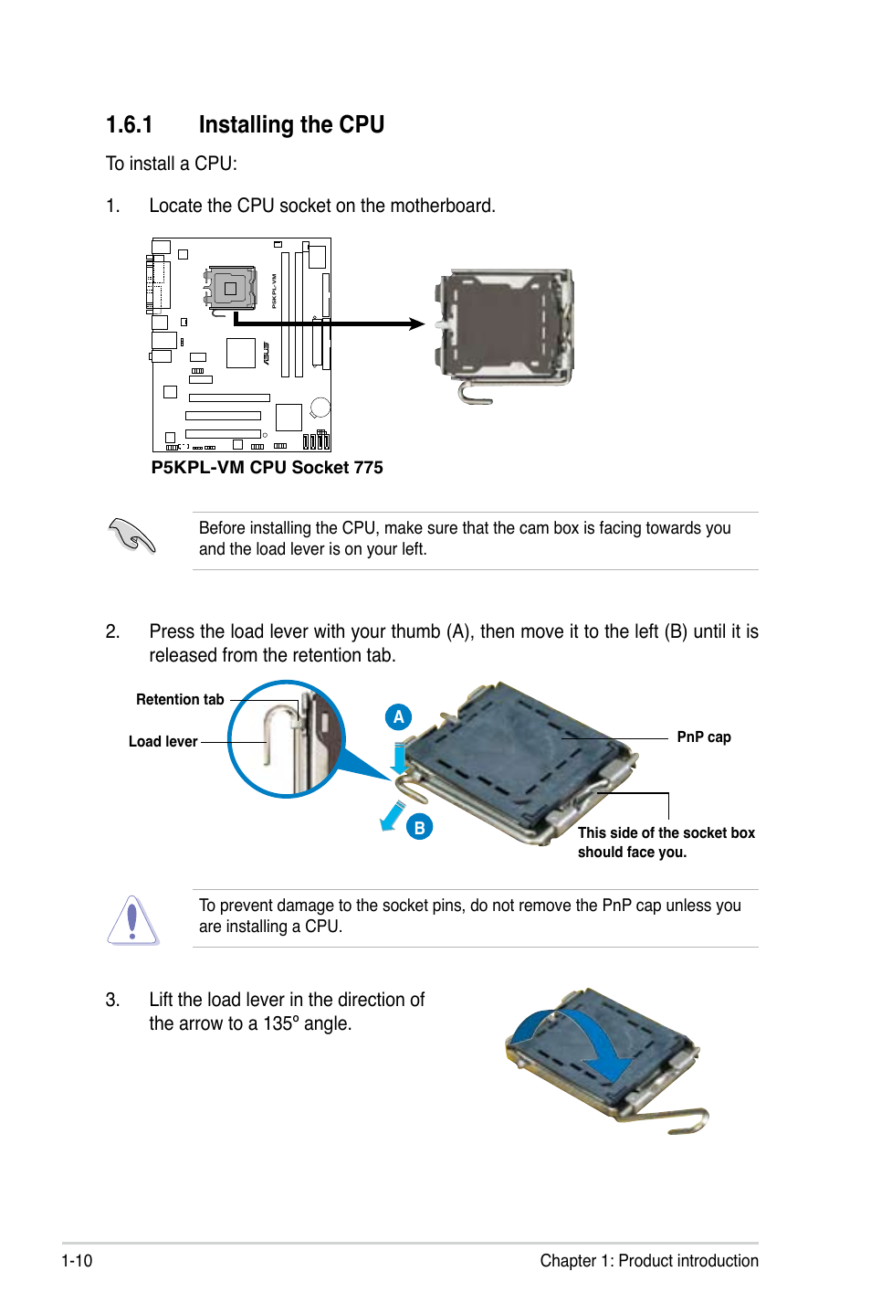 1 installing the cpu | Asus P5KPL-VM User Manual | Page 22 / 94