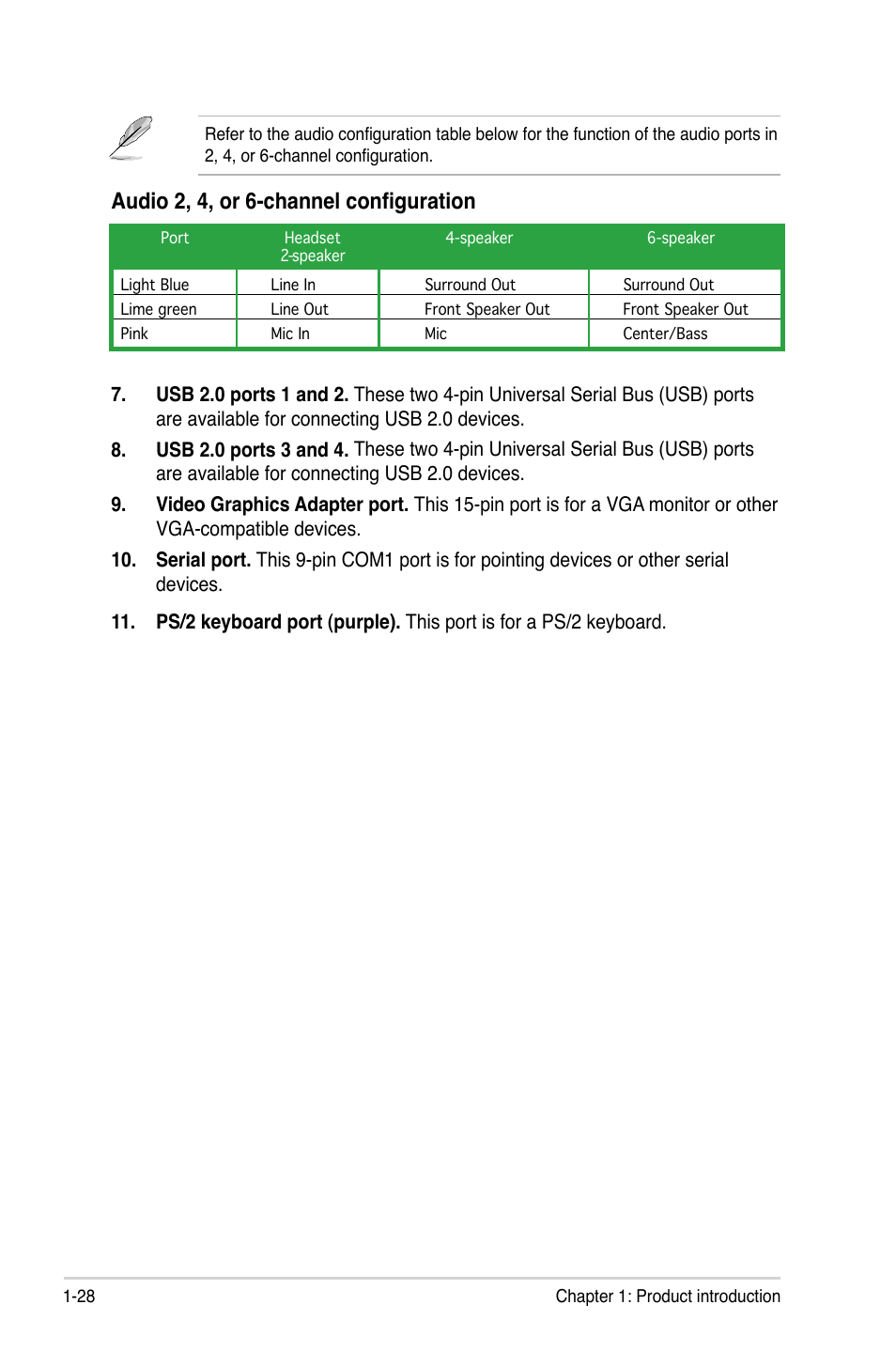 Audio 2, 4, or 6-channel configuration | Asus P5KPL-VM User Manual | Page 40 / 94