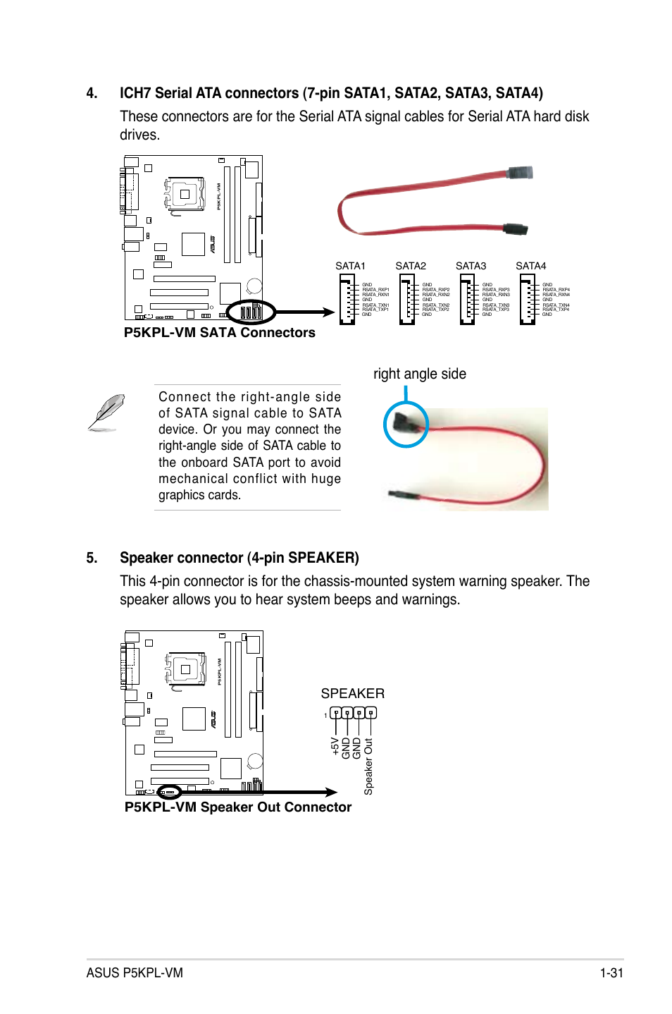 Asus p5kpl-vm 1-31, P5kpl-vm sata connectors, P5kpl-vm speaker out connector speaker | Asus P5KPL-VM User Manual | Page 43 / 94