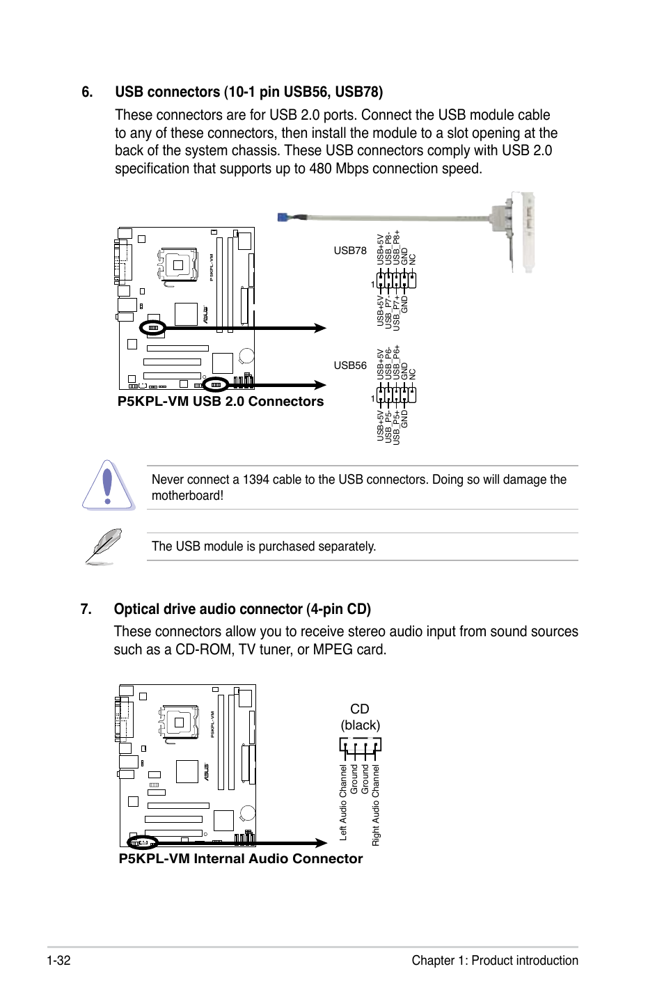 32 chapter 1: product introduction, P5kpl-vm internal audio connector cd (black), P5kpl-vm usb 2.0 connectors | The usb module is purchased separately | Asus P5KPL-VM User Manual | Page 44 / 94