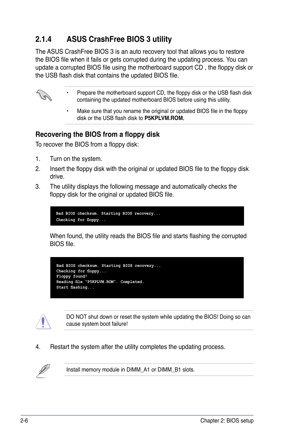 4 asus crashfree bios 3 utility, Recovering the bios from a floppy disk | Asus P5KPL-VM User Manual | Page 54 / 94