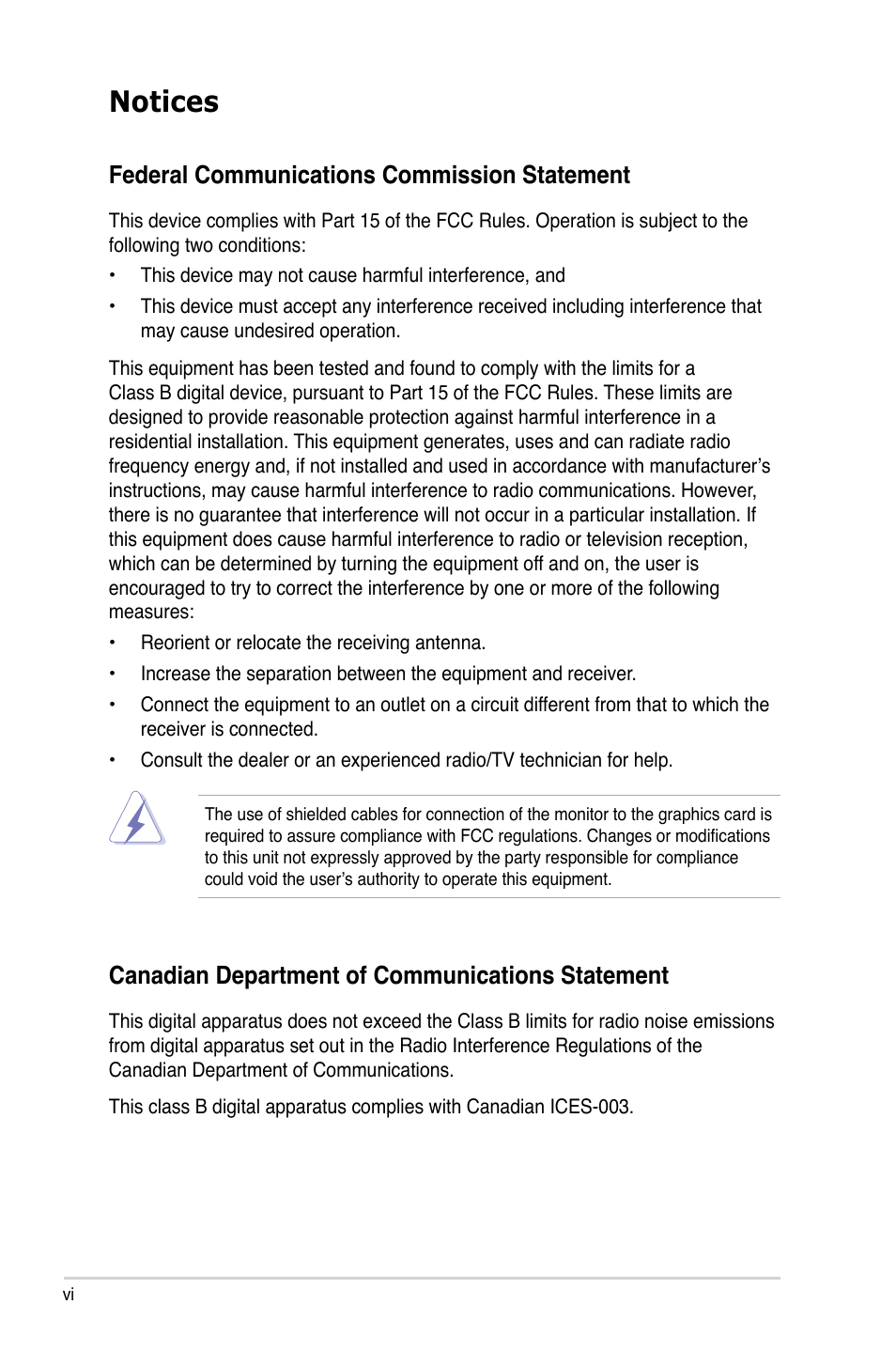 Notices, Federal communications commission statement, Canadian department of communications statement | Asus P5KPL-VM User Manual | Page 6 / 94