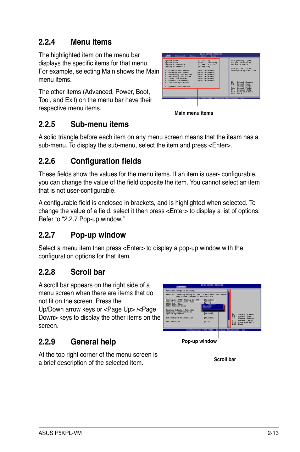 4 menu items, 5 sub-menu items, 6 configuration fields | 7 pop-up window, 8 scroll bar, 9 general help, Asus p5kpl-vm 2-13 | Asus P5KPL-VM User Manual | Page 61 / 94