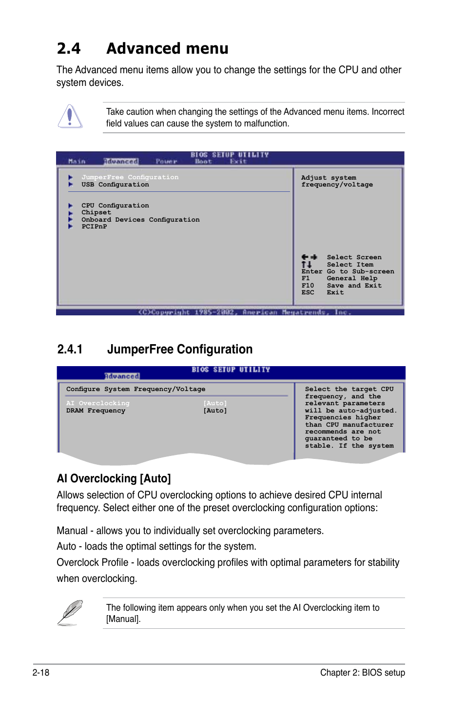 4 advanced menu, 1 jumperfree configuration, Ai overclocking [auto | Asus P5KPL-VM User Manual | Page 66 / 94