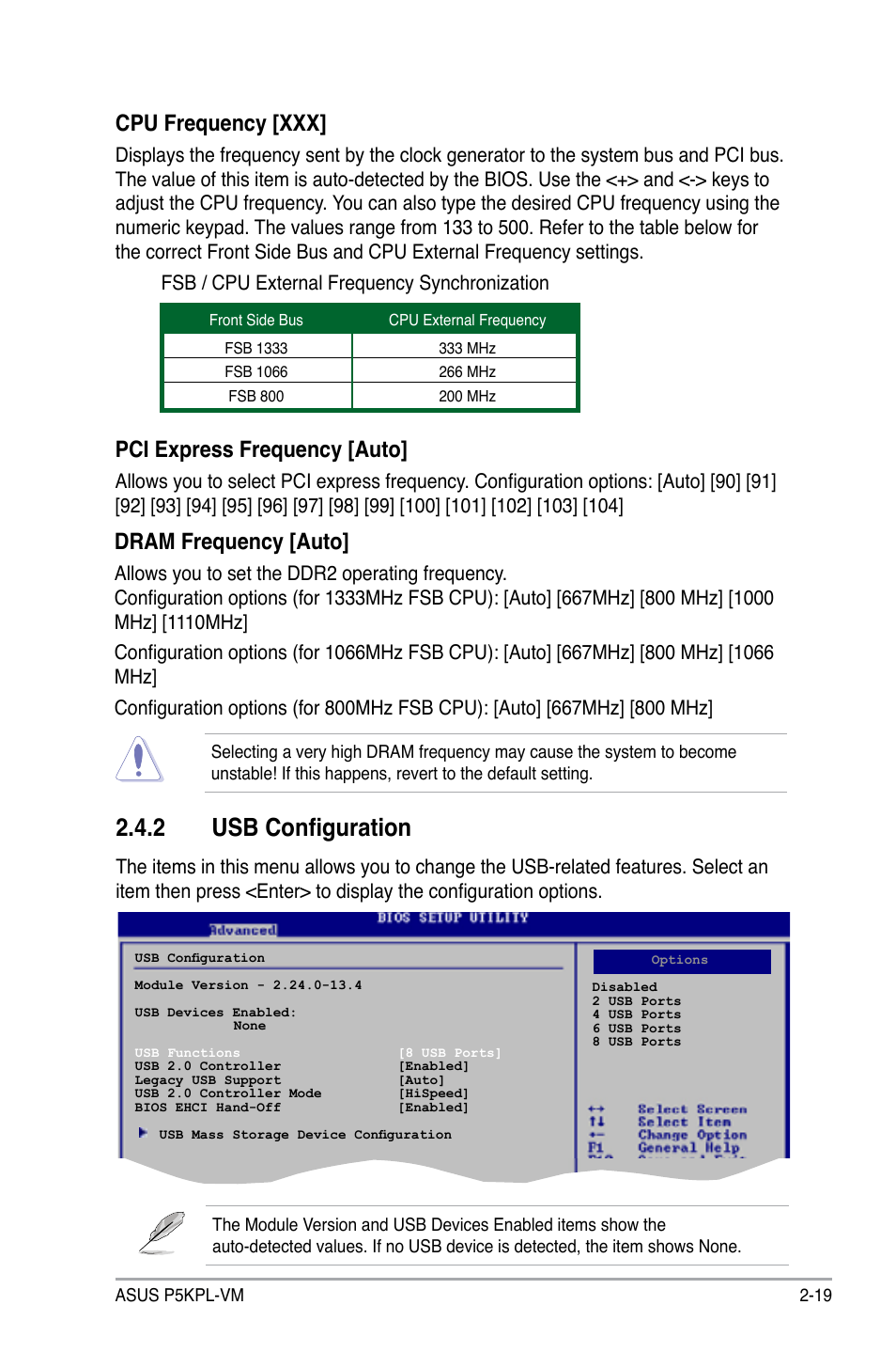 2 usb configuration, Dram frequency [auto, Cpu frequency [xxx | Pci express frequency [auto, Fsb / cpu external frequency synchronization | Asus P5KPL-VM User Manual | Page 67 / 94