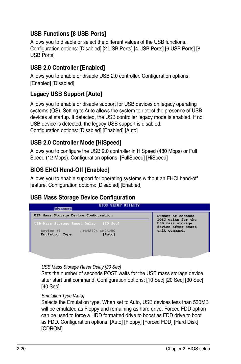 Usb functions [8 usb ports, Usb 2.0 controller [enabled, Legacy usb support [auto | Usb 2.0 controller mode [hispeed, Bios ehci hand-off [enabled, Usb mass storage device configuration | Asus P5KPL-VM User Manual | Page 68 / 94