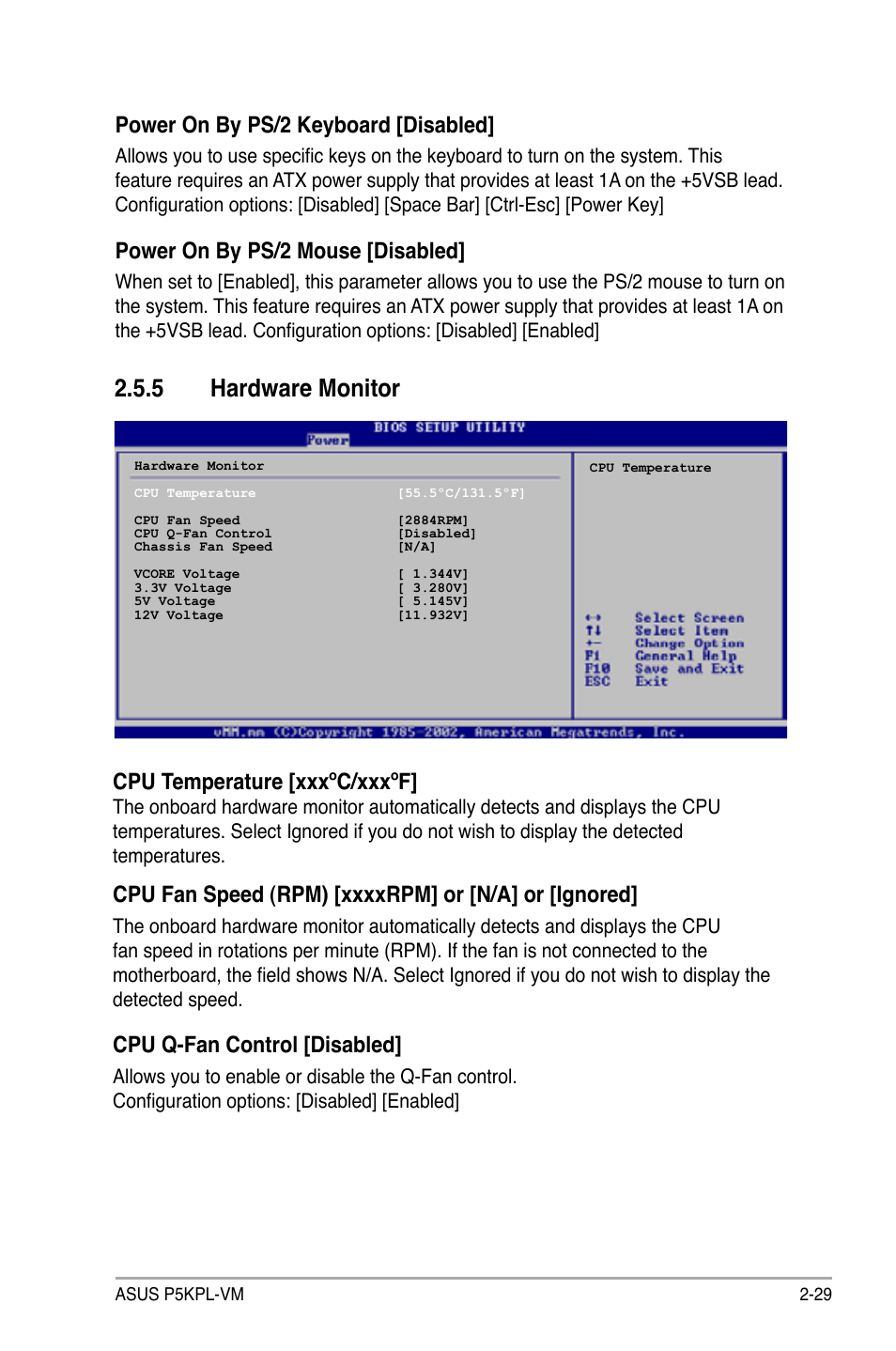 5 hardware monitor, Power on by ps/2 keyboard [disabled, Power on by ps/2 mouse [disabled | Cpu temperature [xxxºc/xxxºf, Cpu q-fan control [disabled | Asus P5KPL-VM User Manual | Page 77 / 94