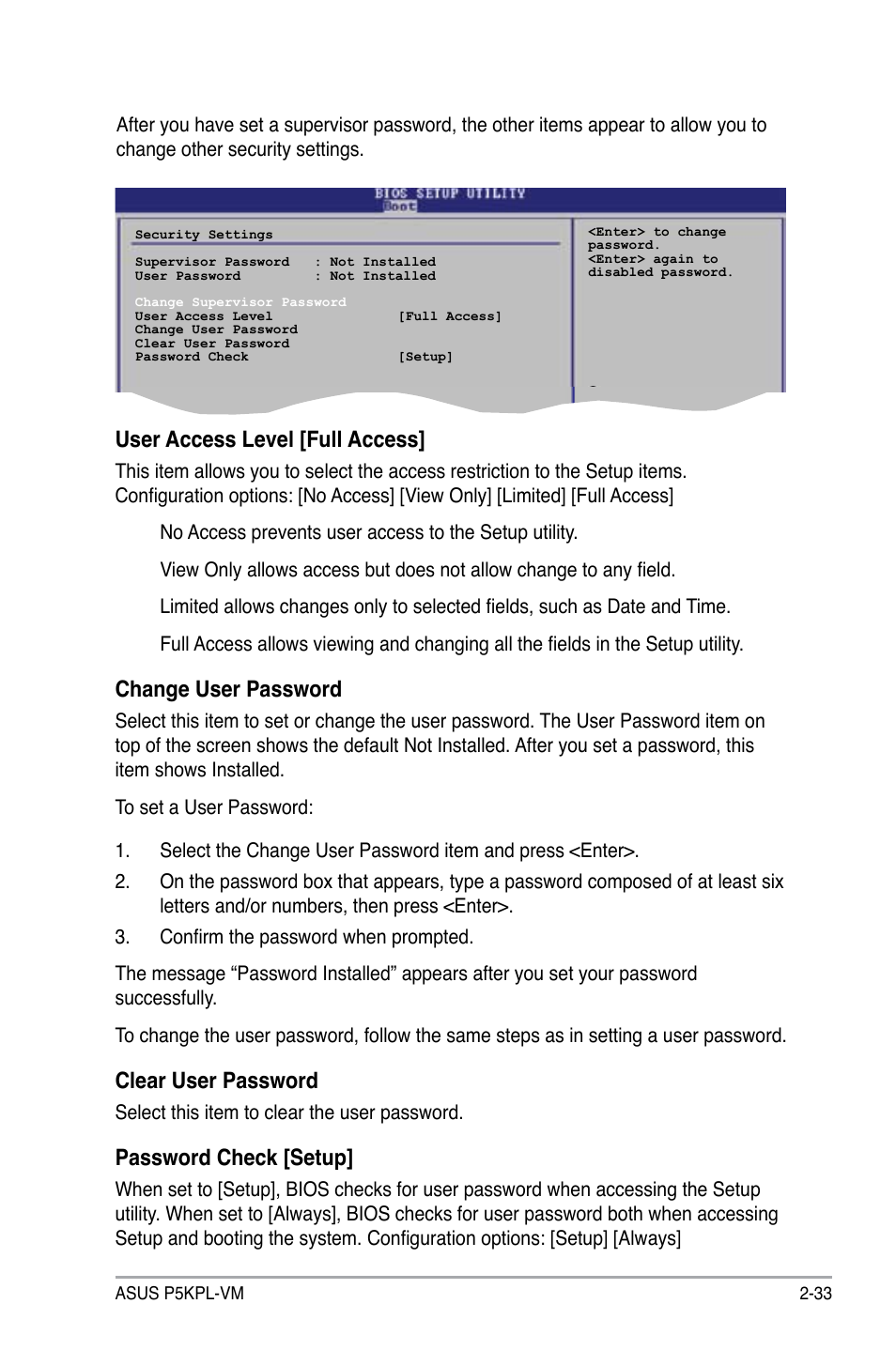 User access level [full access, Change user password, Clear user password | Password check [setup | Asus P5KPL-VM User Manual | Page 81 / 94