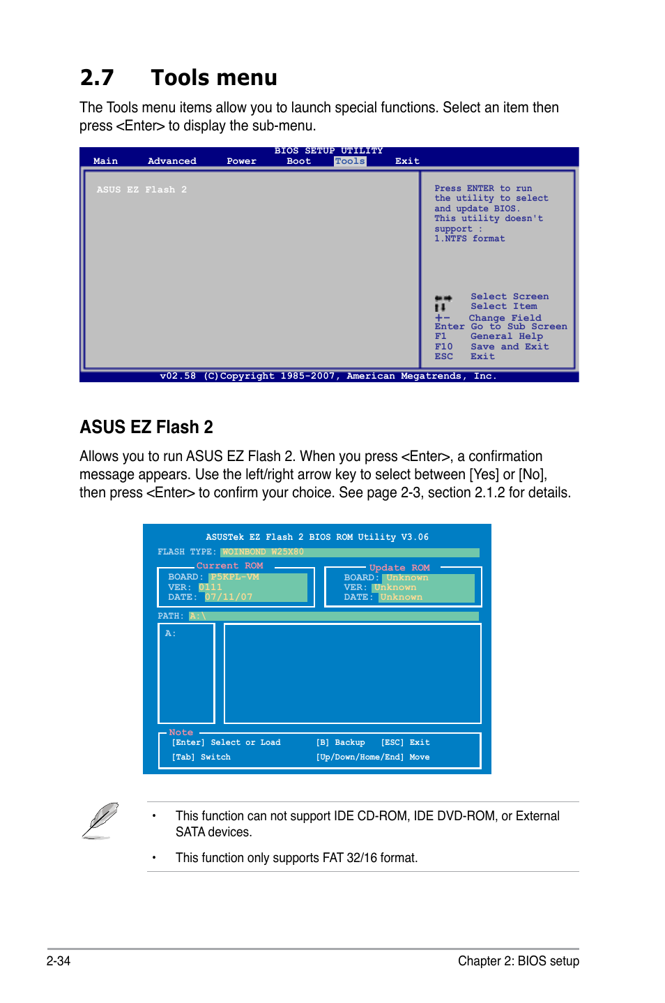 7 tools menu, Asus ez flash 2 | Asus P5KPL-VM User Manual | Page 82 / 94