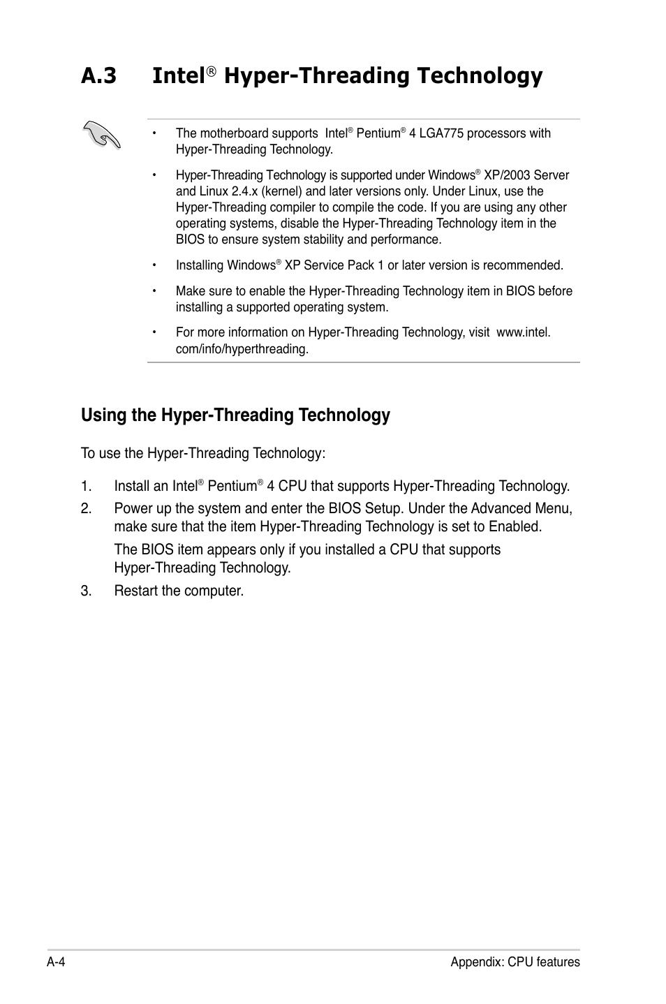 A.3 intel, Hyper-threading technology, Using the hyper-threading technology | Asus P5KPL-VM User Manual | Page 94 / 94