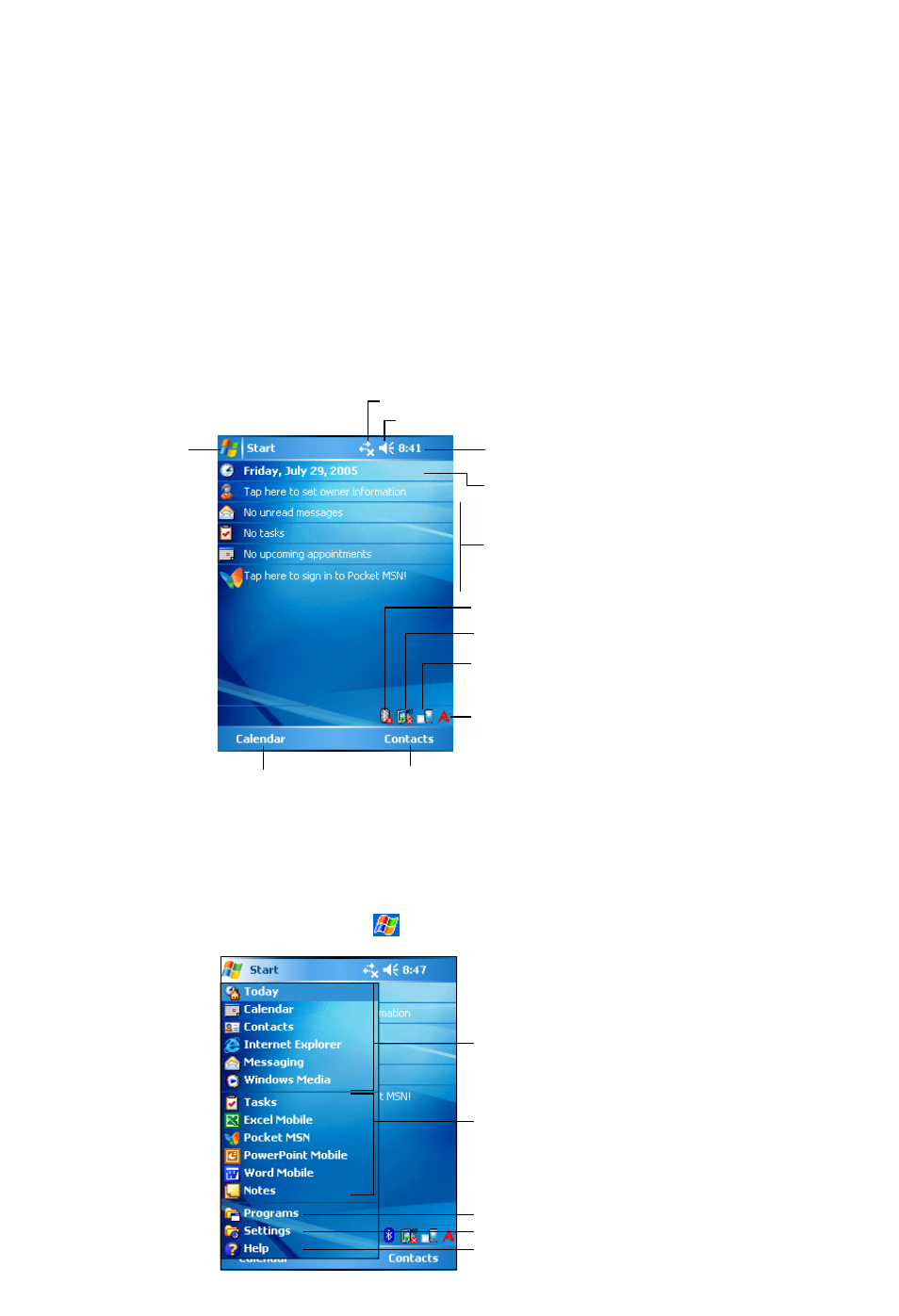 Using windows mobile, Today screen, Start menu | Mypal runs on microsoft windows mobile, Con from the top of the screen | Asus A636 User Manual | Page 5 / 6