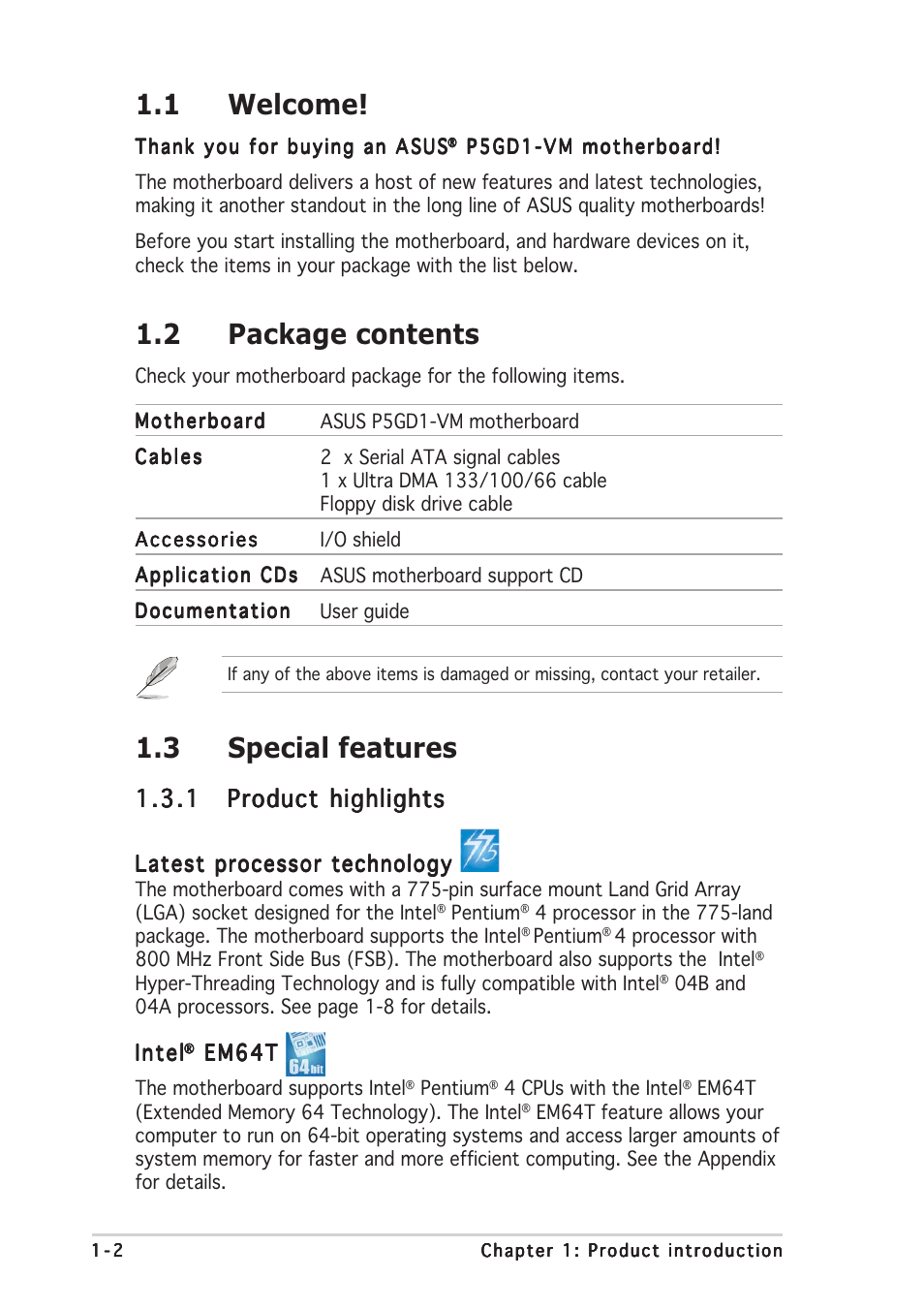 3 special features, 1 welcome, 2 package contents | Asus P5GD1-VM User Manual | Page 12 / 92