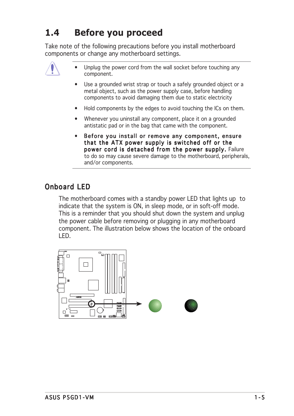 4 before you proceed, Onboard led | Asus P5GD1-VM User Manual | Page 15 / 92