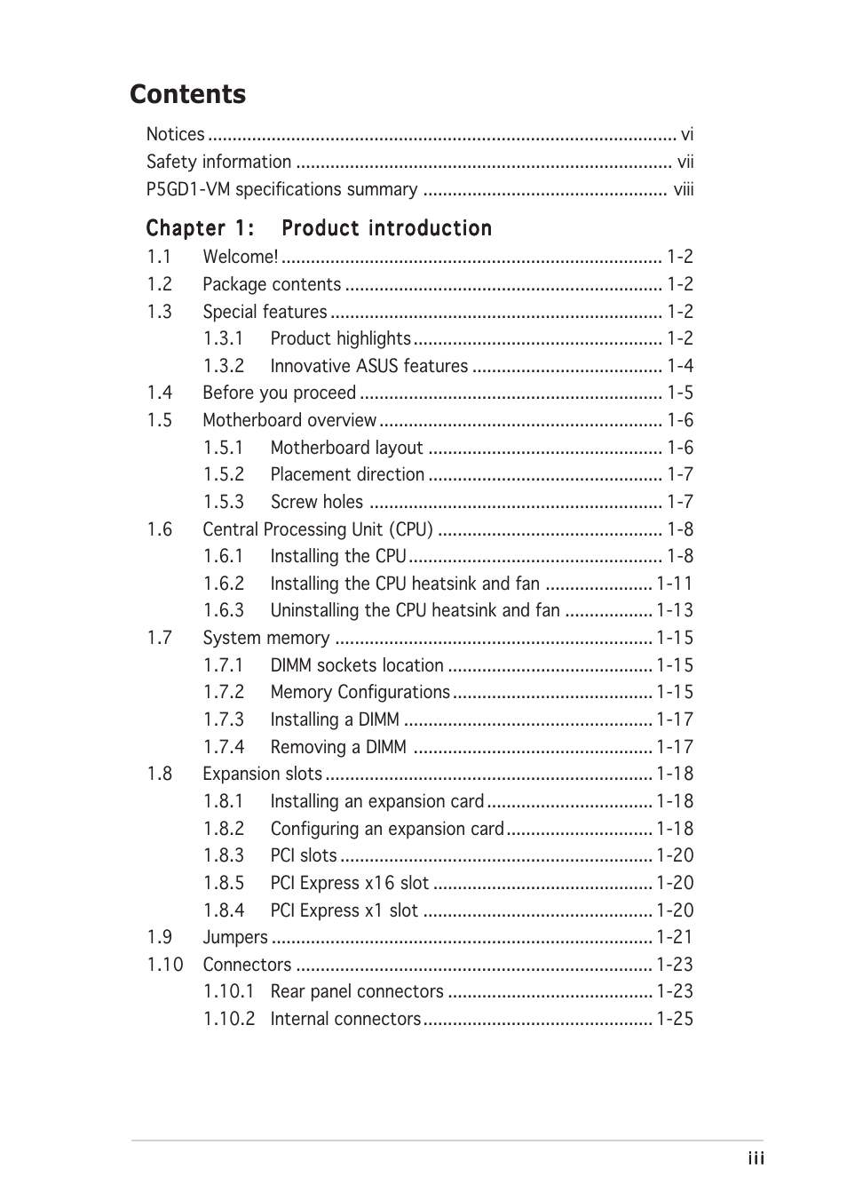 Asus P5GD1-VM User Manual | Page 3 / 92