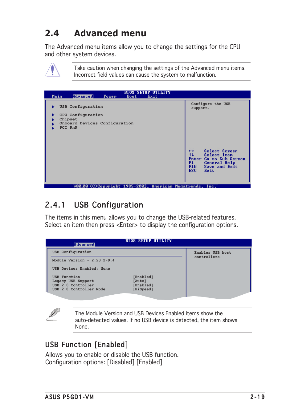 4 advanced menu, Usb function [enabled | Asus P5GD1-VM User Manual | Page 63 / 92