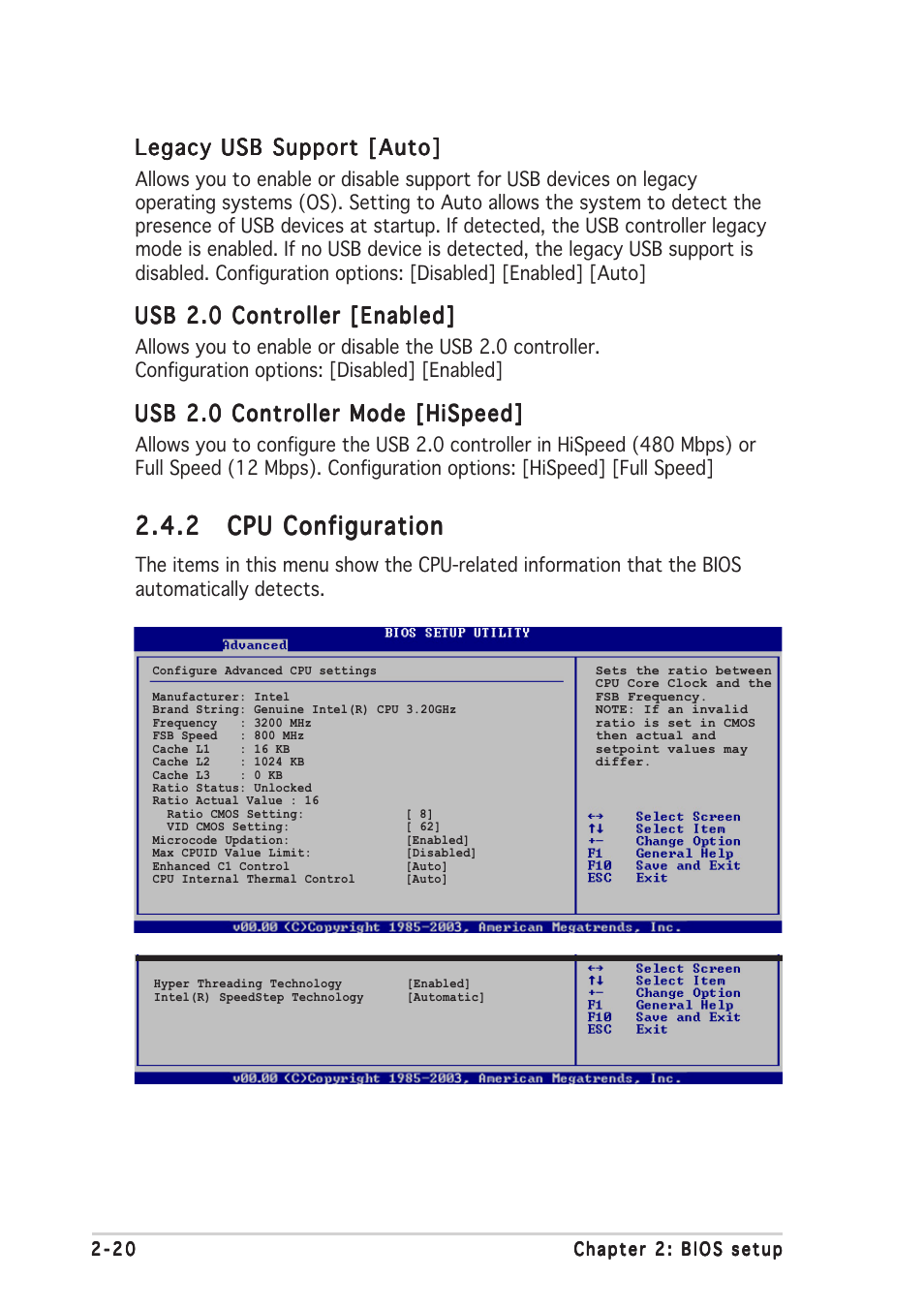 Legacy usb support [auto, Usb 2.0 controller [enabled, Usb 2.0 controller mode [hispeed | Asus P5GD1-VM User Manual | Page 64 / 92