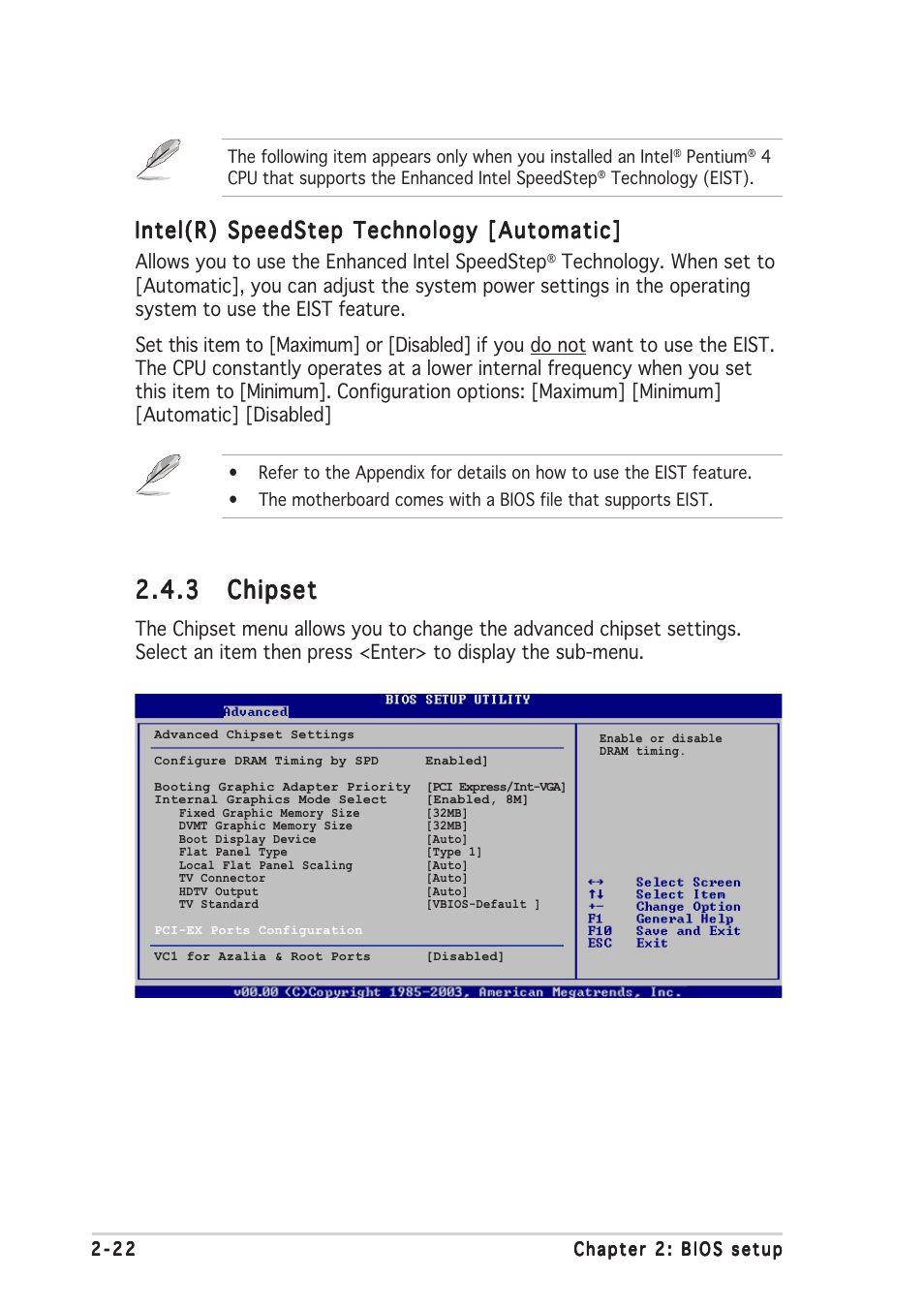 3 chipset chipset chipset chipset chipset, Intel(r) speedstep technology [automatic | Asus P5GD1-VM User Manual | Page 66 / 92