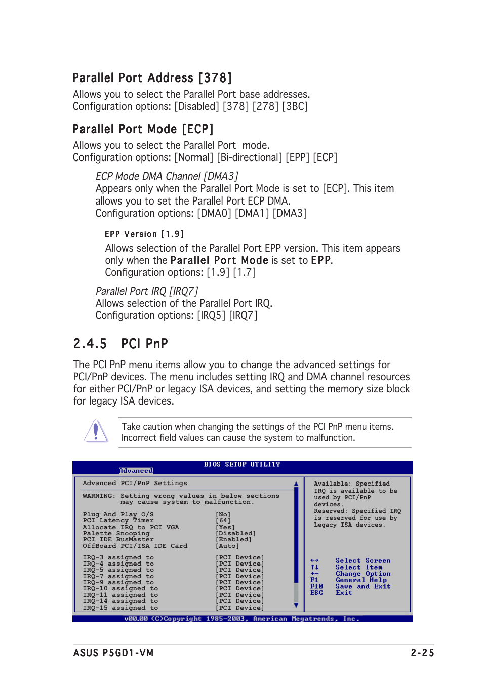 5 pci pnp pci pnp pci pnp pci pnp pci pnp, Parallel port address [378, Parallel port mode [ecp | Asus P5GD1-VM User Manual | Page 69 / 92