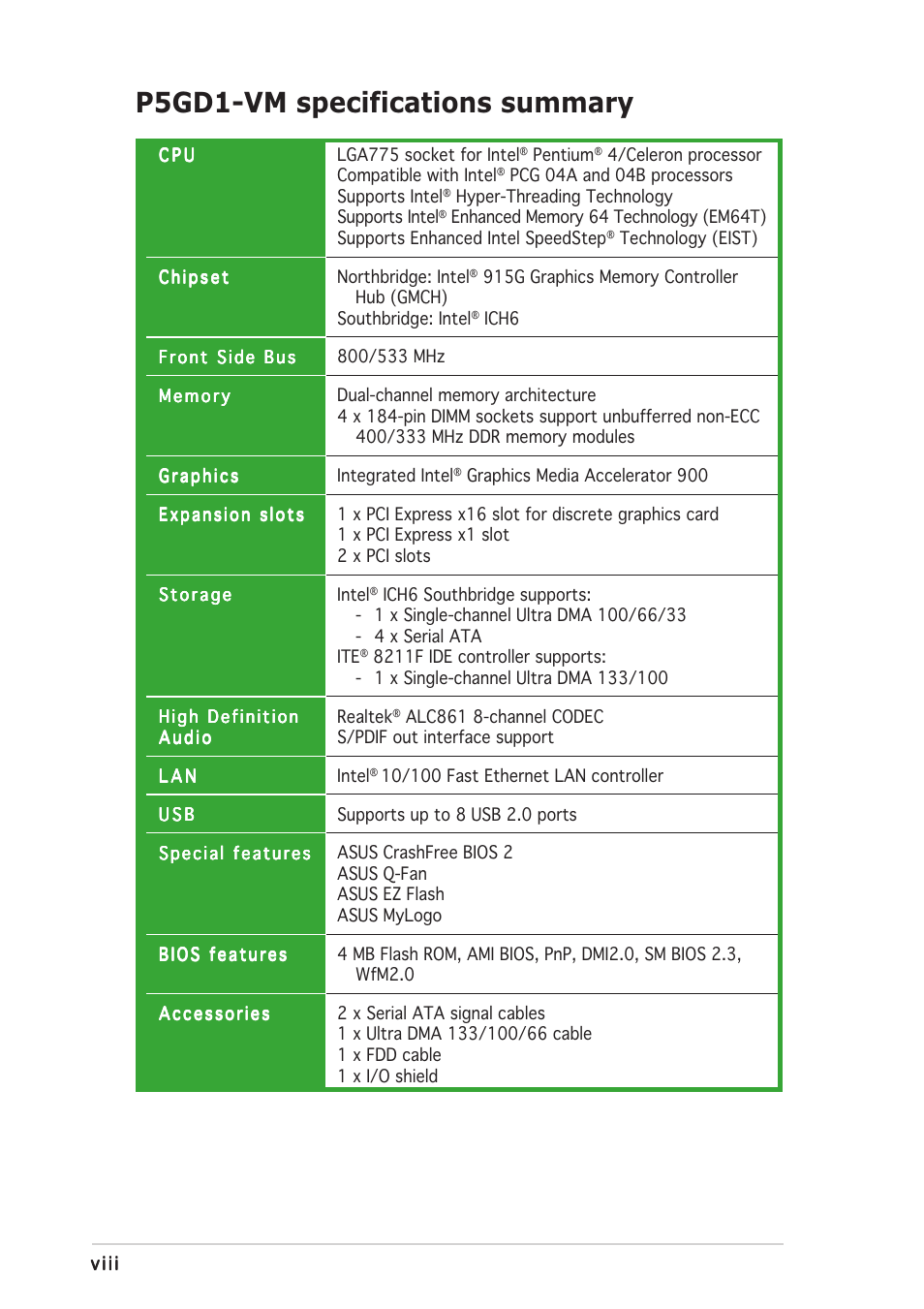 P5gd1-vm specifications summary | Asus P5GD1-VM User Manual | Page 8 / 92