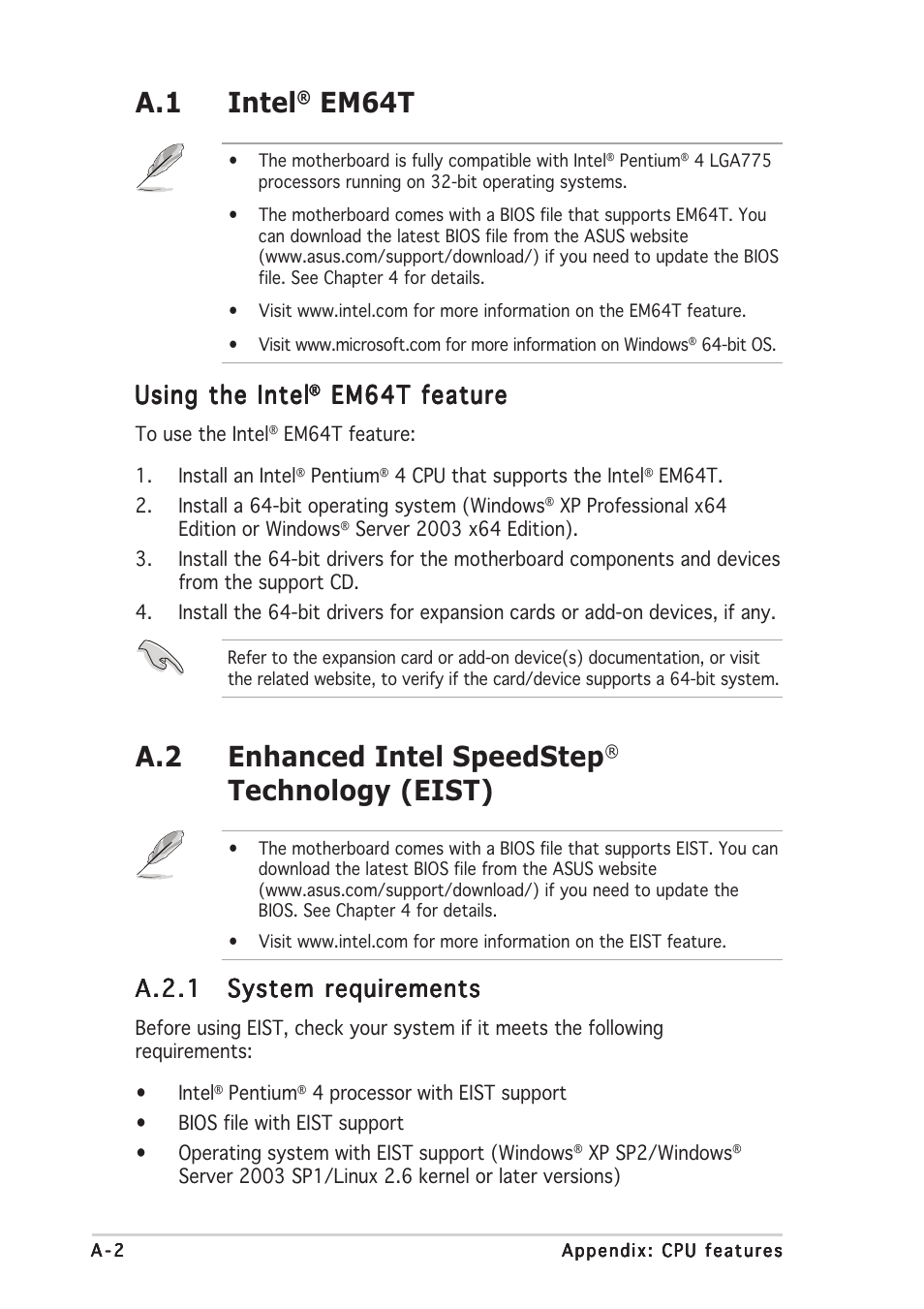 A.1 intel, Em64t, A.2 enhanced intel speedstep | Technology (eist), Using the intel, Em64t feature, A.2.1 | Asus P5GD1-VM User Manual | Page 90 / 92