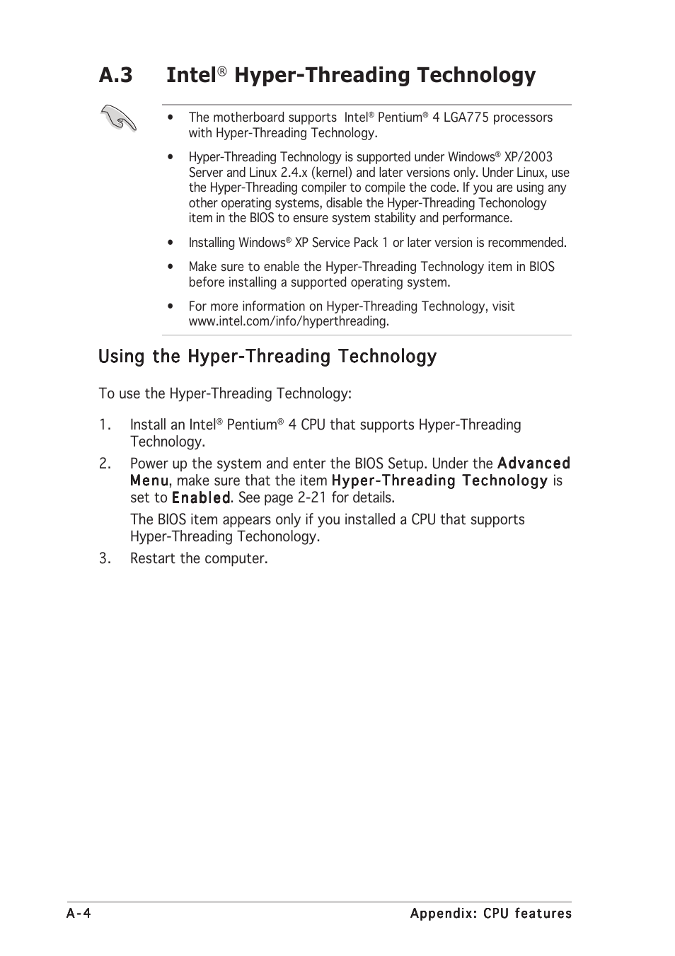 A.3 intel, Hyper-threading technology, Using the hyper-threading technology | Asus P5GD1-VM User Manual | Page 92 / 92