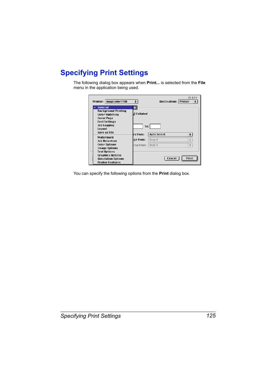 Specifying print settings, Specifying print settings 125 | Konica Minolta magicolor 7450II User Manual | Page 145 / 350